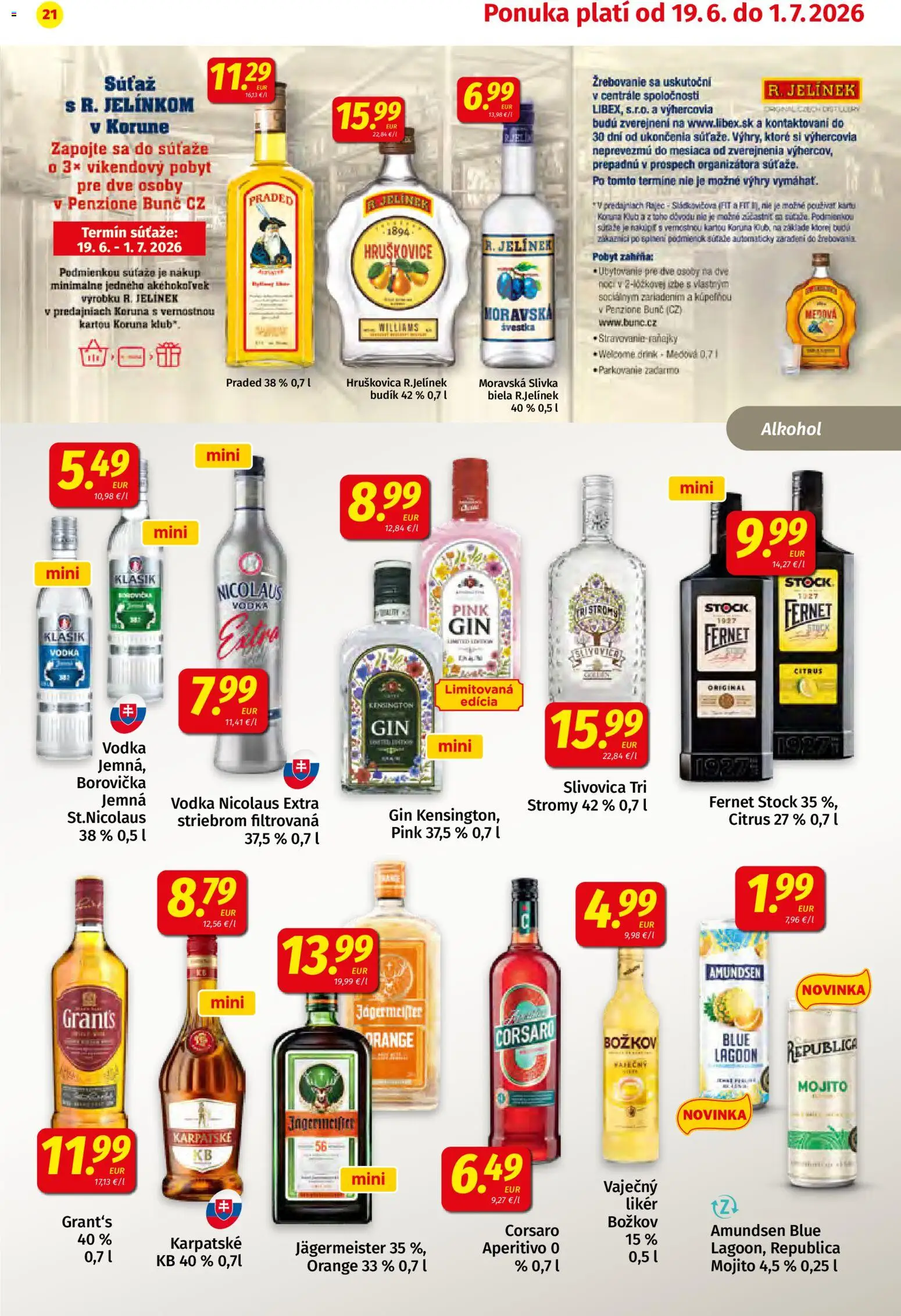 Nové Koruna akcie – leták je platný od 19.06.2026 | Strana: 21 | Produkty: Jägermeister, Gin, Vodka, Fernet Stock