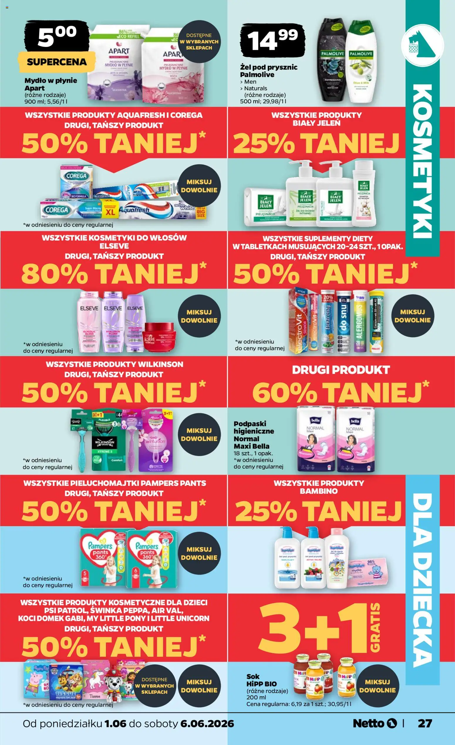 Netto gazetka od poniedziałku spożywcza od 01.06.2026 | Strona: 27 | Produkty: Pampers, Podpaski, Jeleń, Mydło