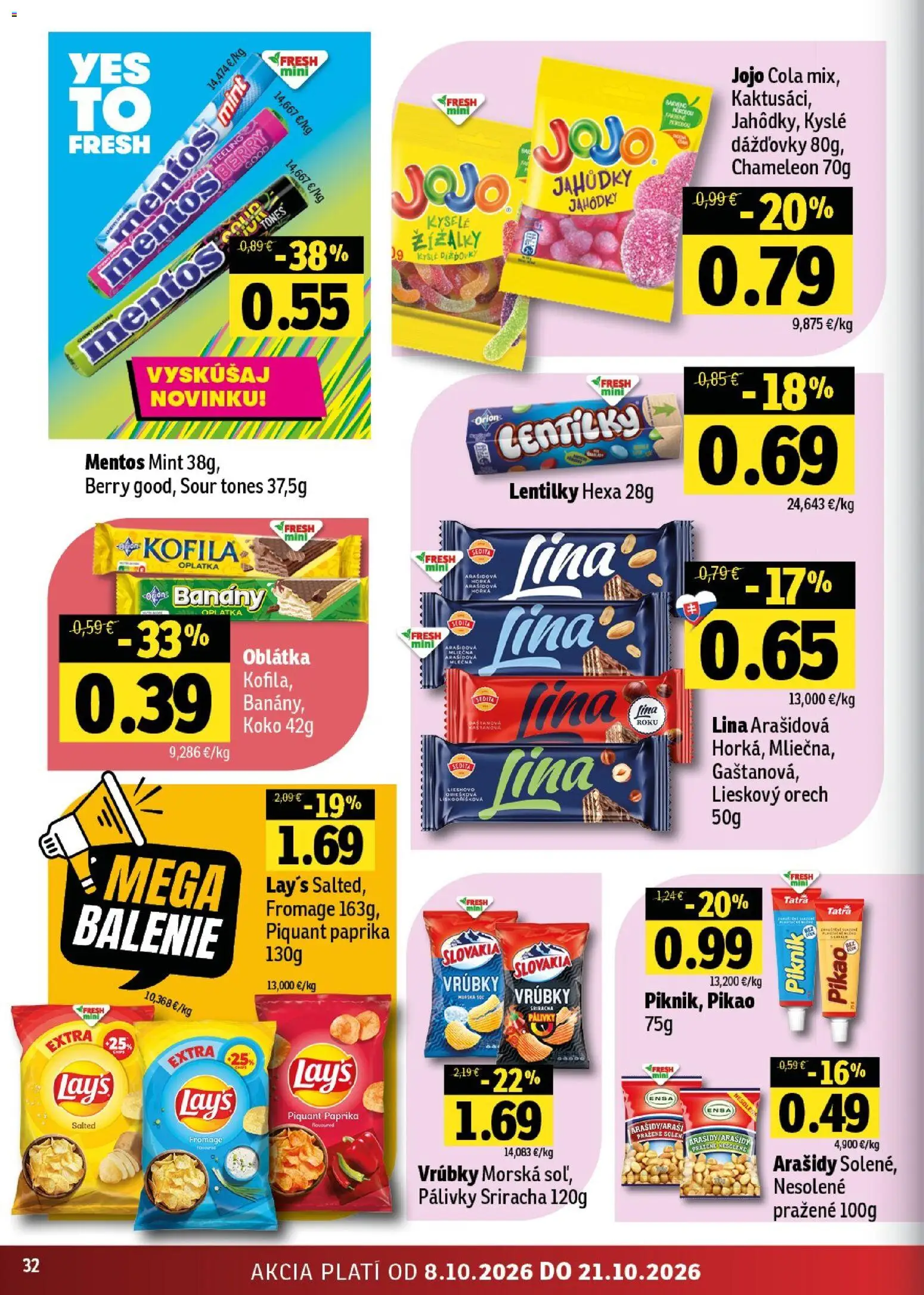 Nové Fresh akcie – leták je platný od 08.10.2026 | Strana: 32 | Produkty: Paprika, Banány, Cola, Arašidy