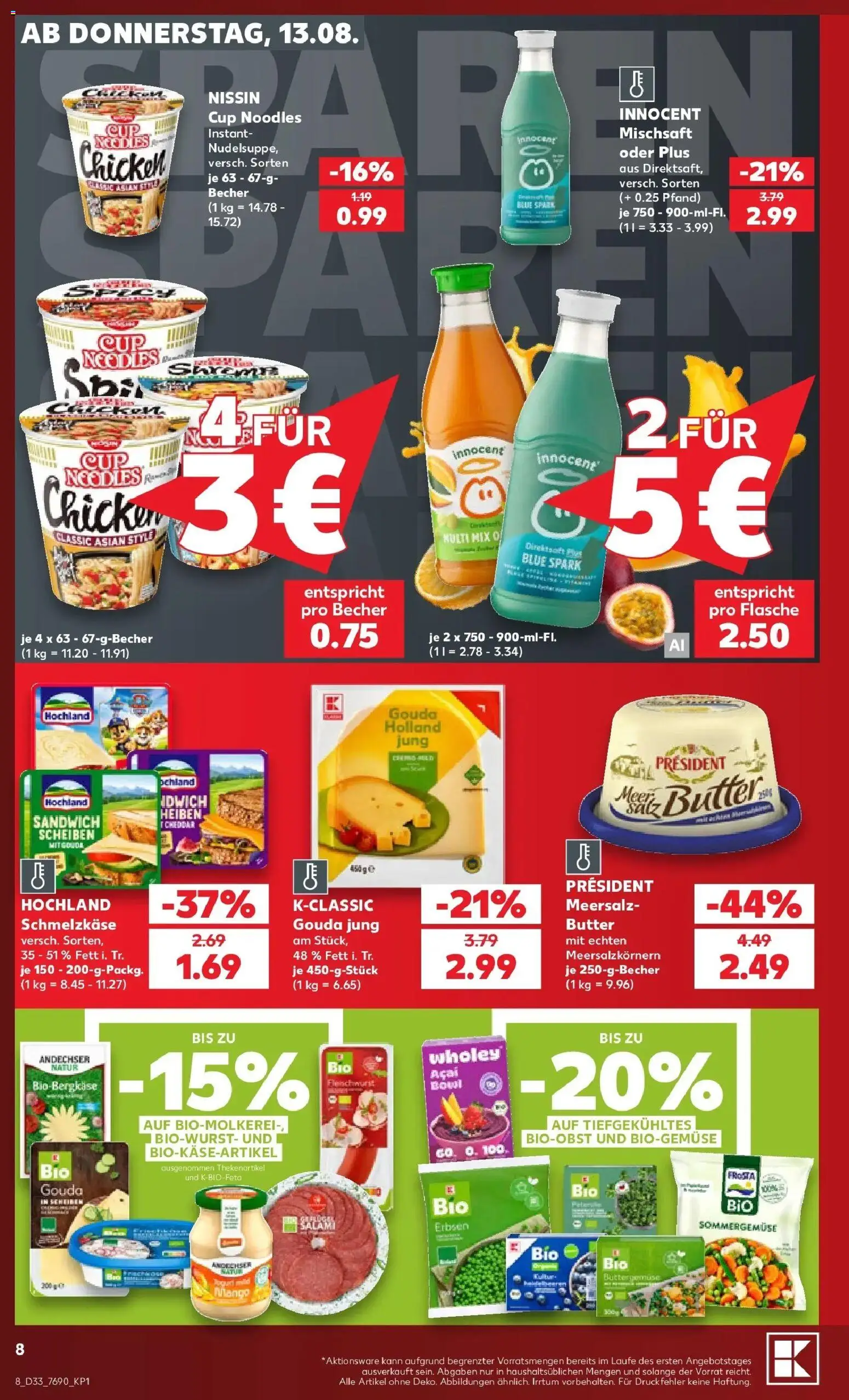 Prospekt Kaufland ab 13.08.2026 » Angebote Online zum Blättern | Seite: 8 | Produkte: Butter, Gouda, Frosta, Erbsen