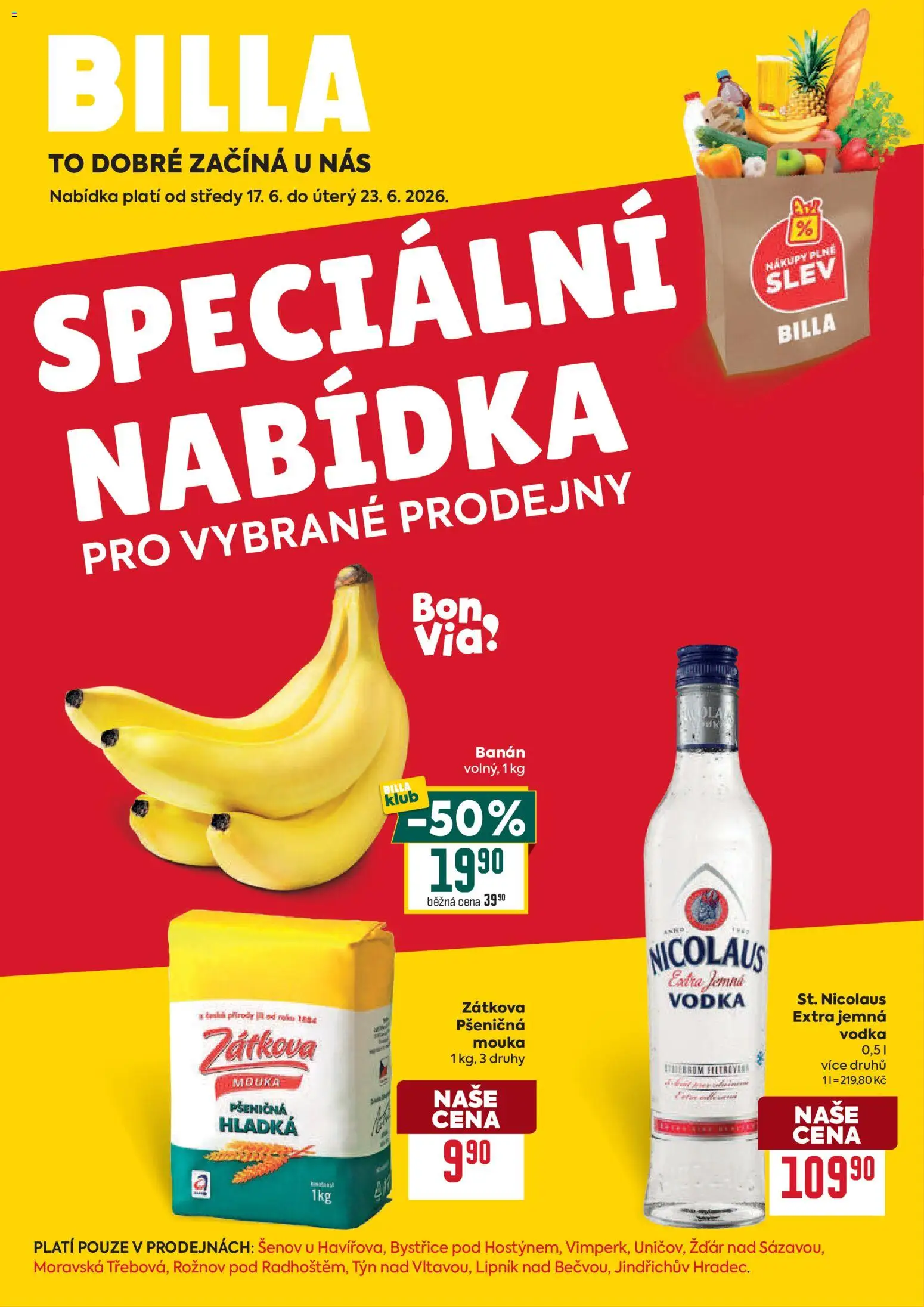 Billa leták - Speciální nabídka od 17.06.2026 | Strana: 1 | Produkty: Vodka, Banán, Mouka