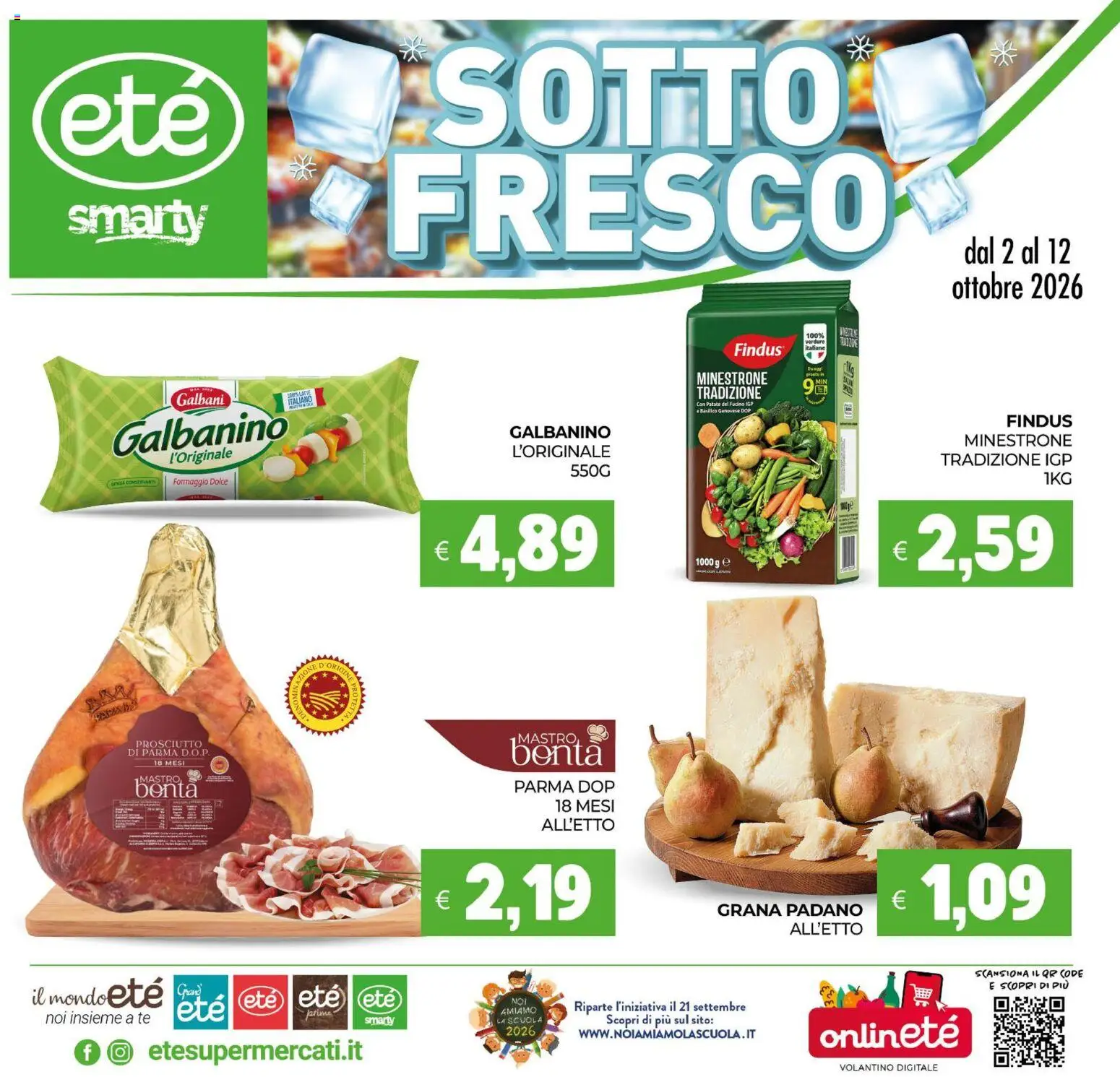 Volantino Eté del 02/10/2026 | Pagina: 1 | Prodotti: Minestrone, Prosciutto di Parma, Verdure, Grana Padano