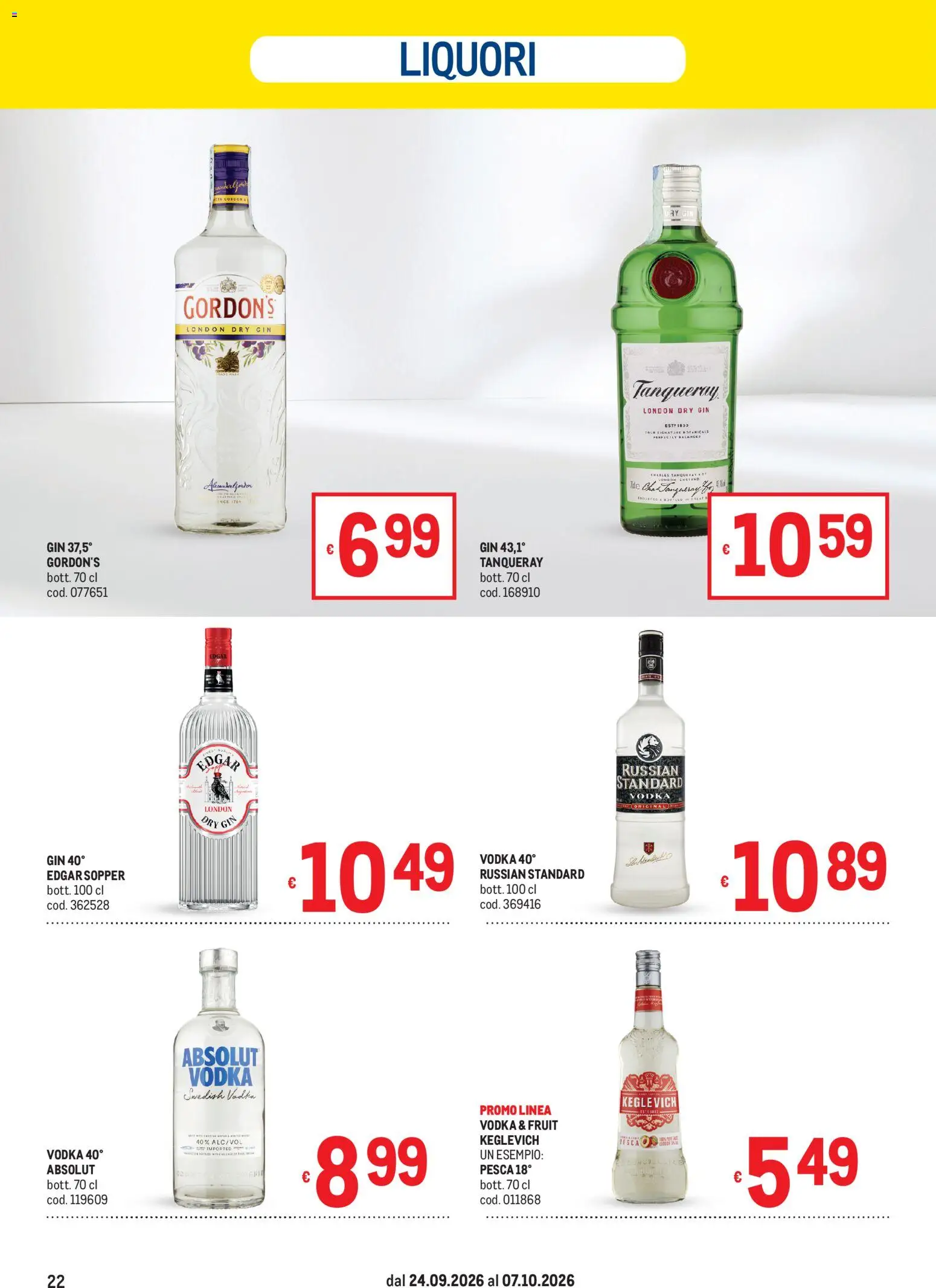 Volantino Metro del 24/09/2026 | Pagina: 22 | Prodotti: Gin, Vodka, Pesca, The