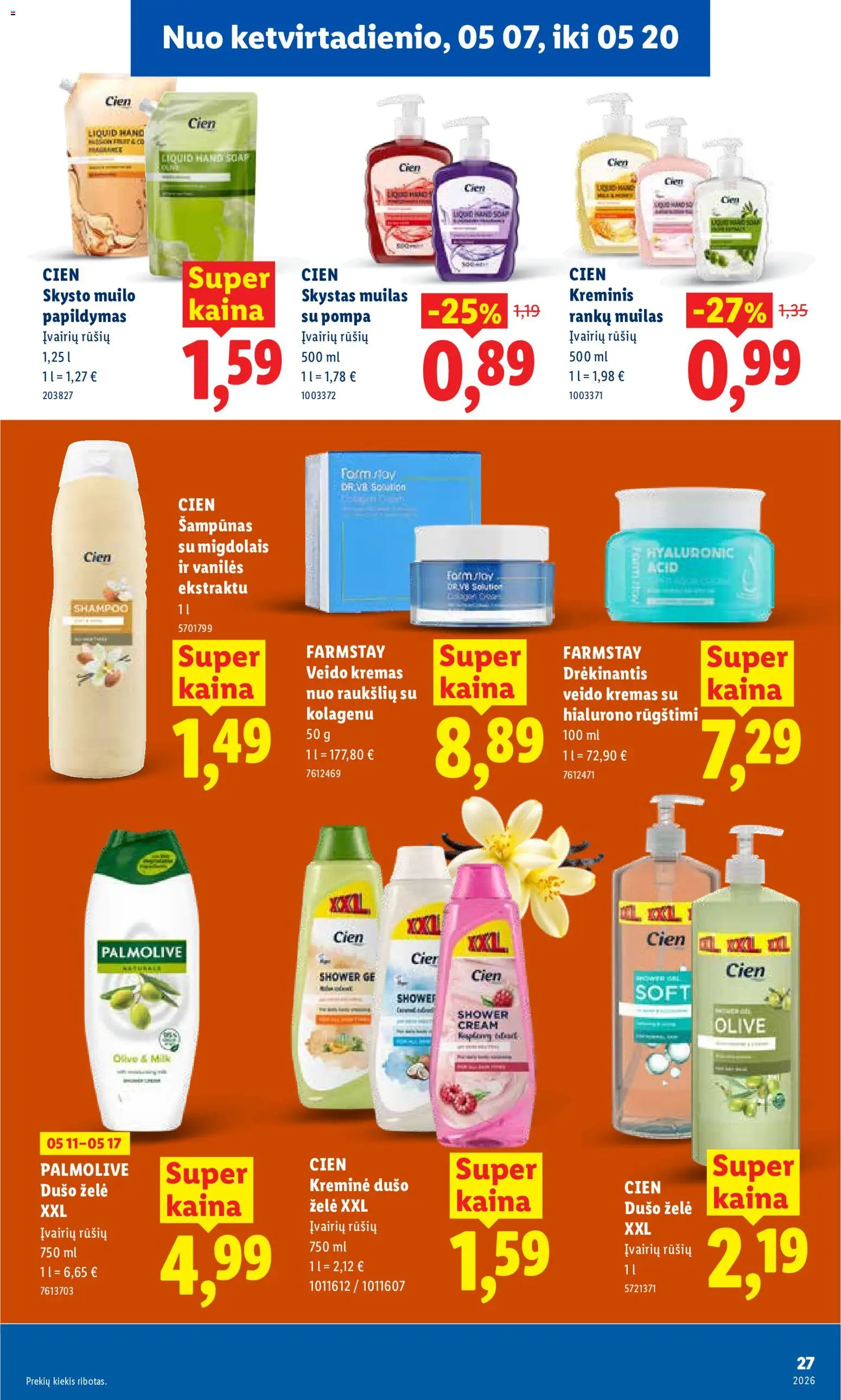 LIDL akcijos nuo 11.05.2026 | Puslapis: 27 | Prekių: Skystas muilas, Šampūnas, Kremas, Dušo želė