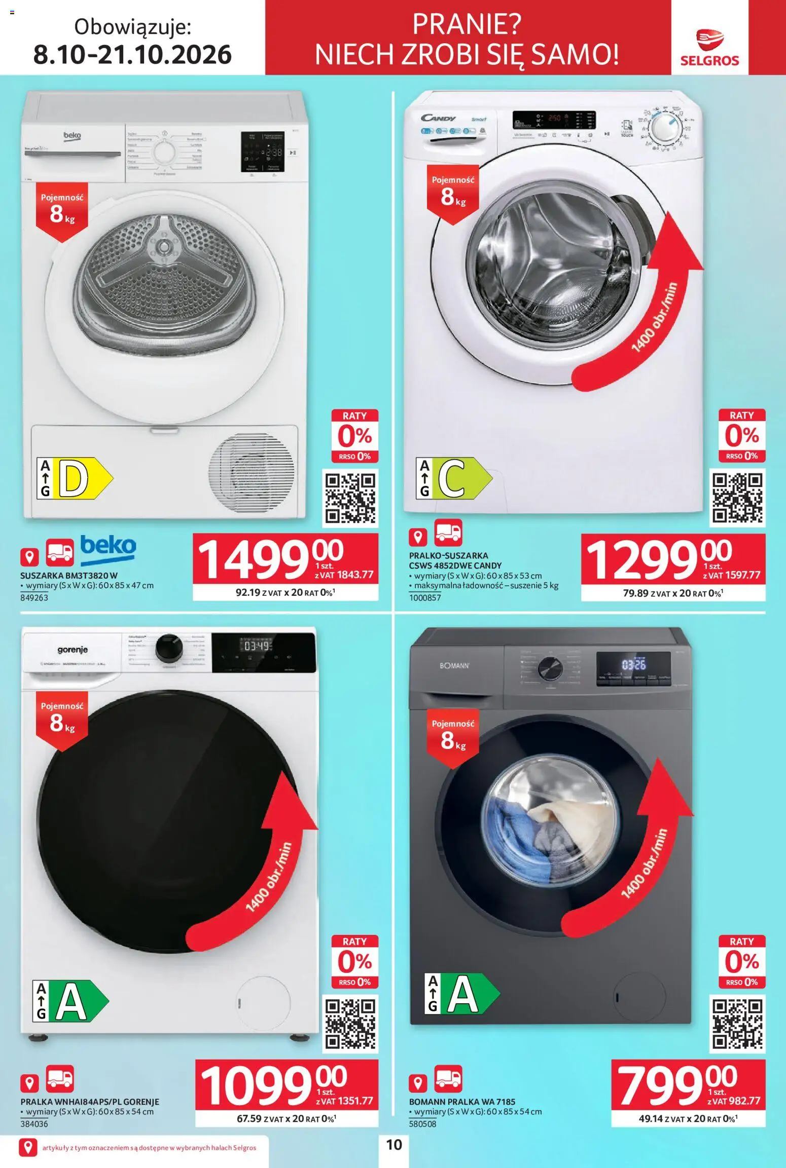 Selgros cash&carry gazetka - Elektro od 08.10.2026 | Strona: 10 | Produkty: Pralka, Suszarka