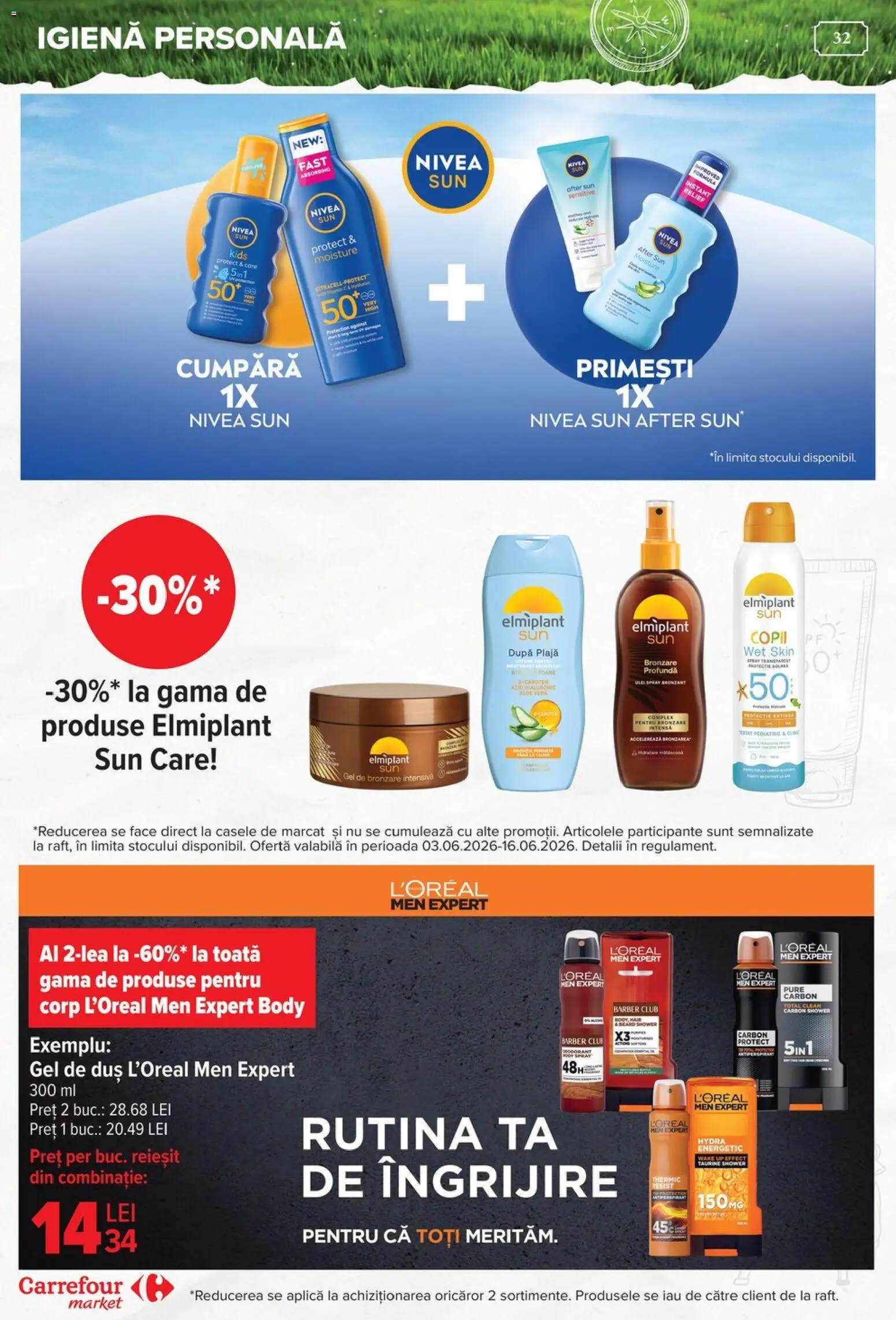 Noul catalog Carrefour – valabil de la 03.06.2026 | Pagină: 32 | Produse: Gel de bronzare, Pomelo, Body, Duș