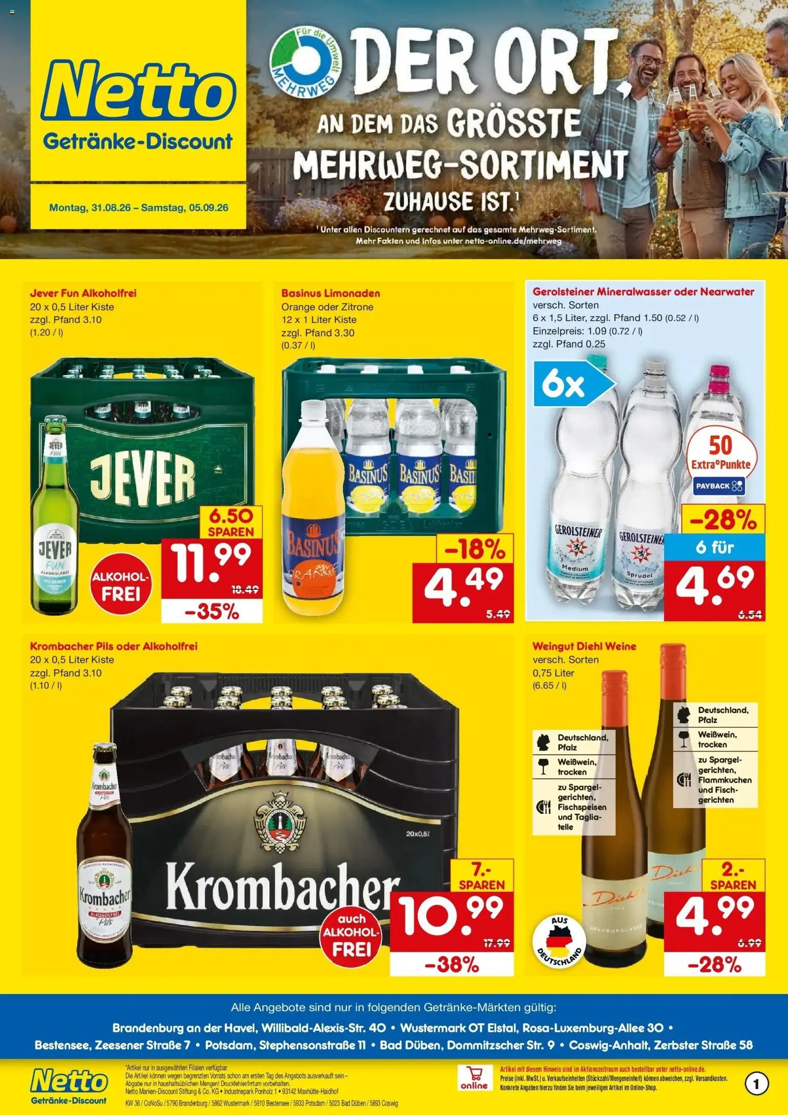 Netto Marken-Discount Prospekt Coswig-Anhalt – gültig ab 31.08.2026 | Seite: 1 | Produkte: Mineralwasser, Alkohol, Jever, Gerolsteiner