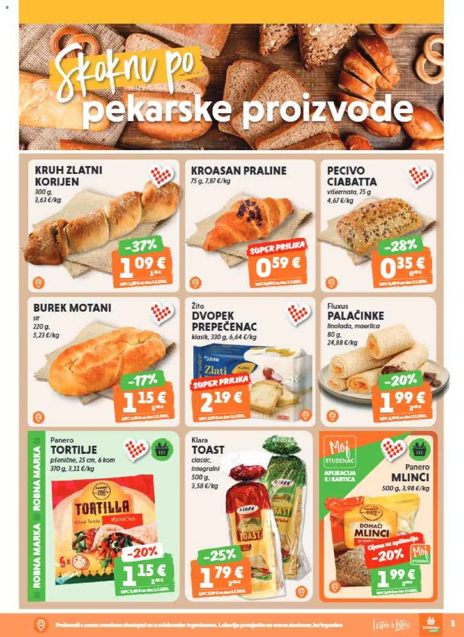 Studenac katalog | vrijedi od 01.07.2026 | Stranica: 3 | Proizvodi: Praline, Kroasan, Pecivo, Tortilje