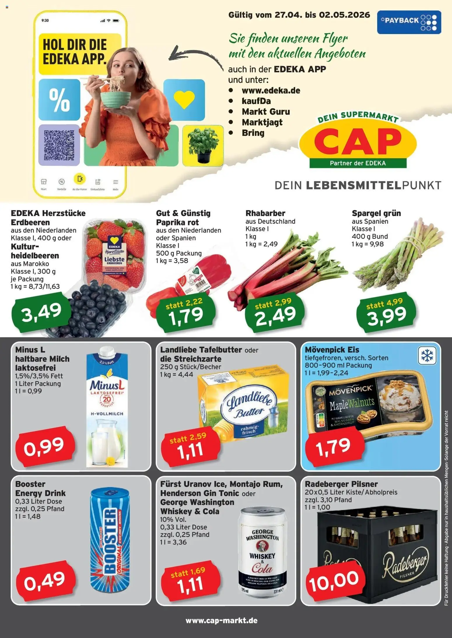 CAP Markt Prospekt Rostock, Güstrow – gültig ab 27.04.2026 | Seite: 1 | Produkte: Milch, Paprika rot, Heidelbeeren, Gin