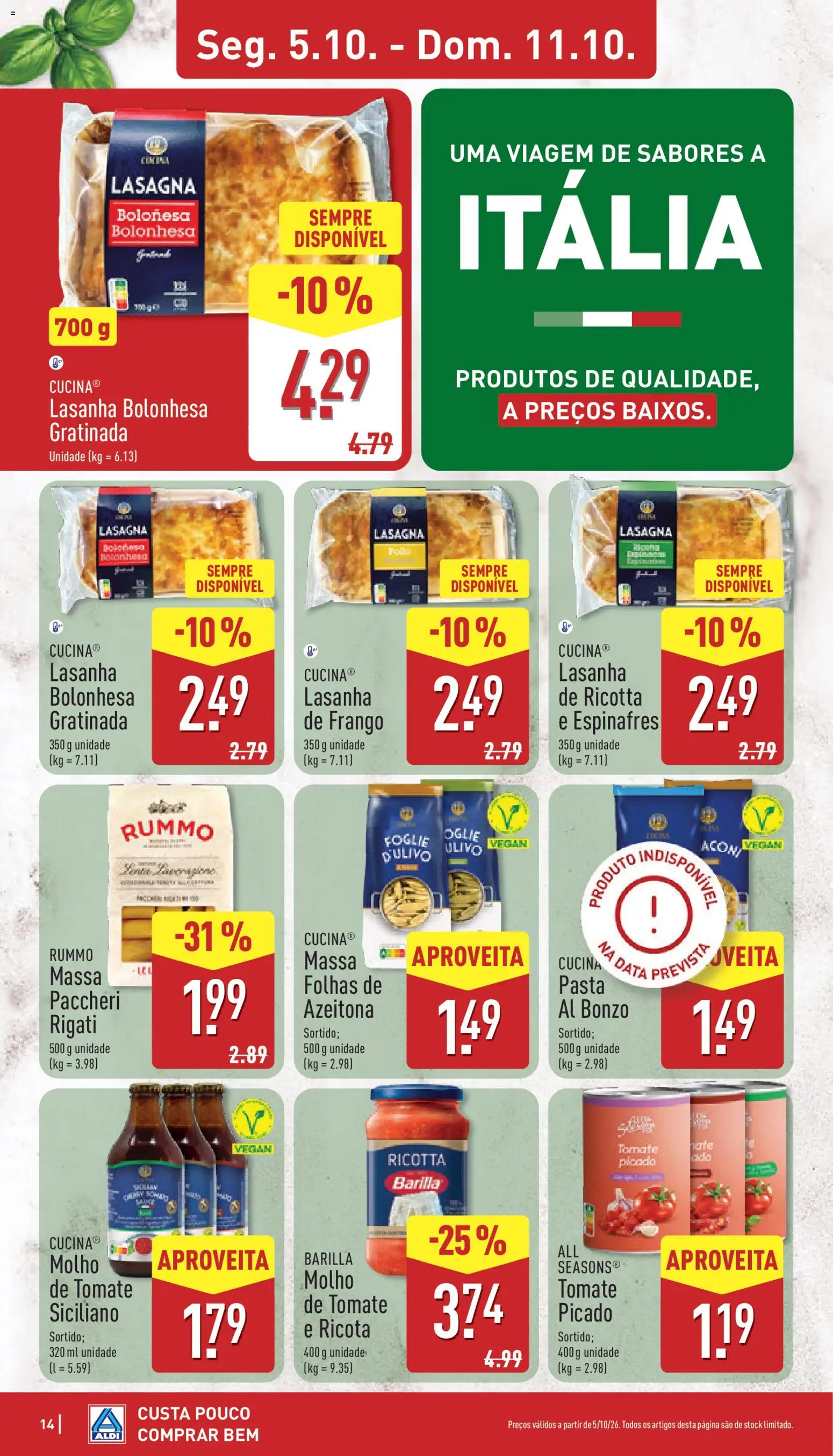 Aldi folheto │ válido de 05/10/2026 | Página: 14 | Produtos: Molho de tomate, Espinafres, Frango, Lasanha