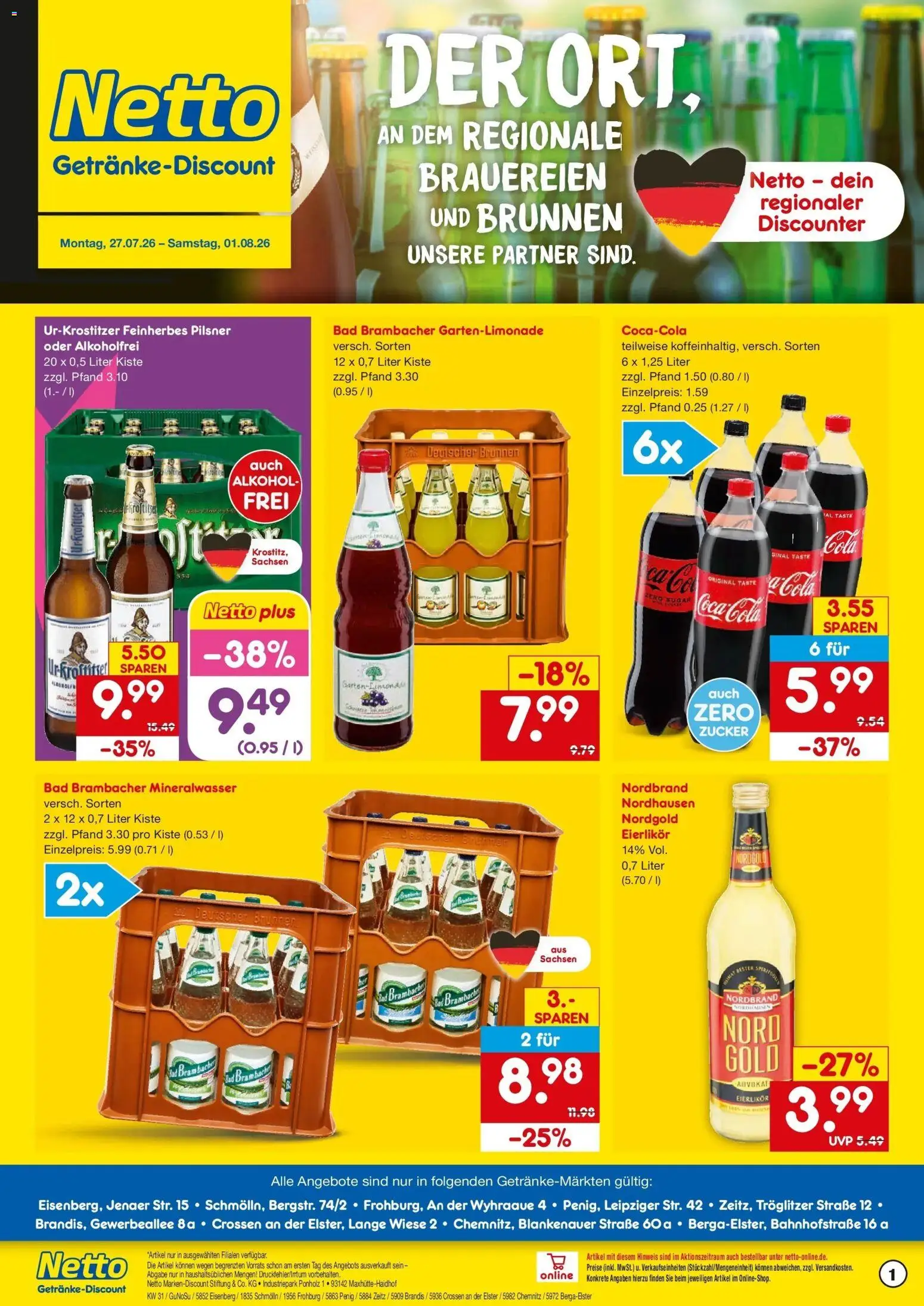 Netto Marken-Discount Prospekt Penig – gültig ab 27.07.2026 | Seite: 1 | Produkte: Coca cola, Cola, Bad, Mineralwasser