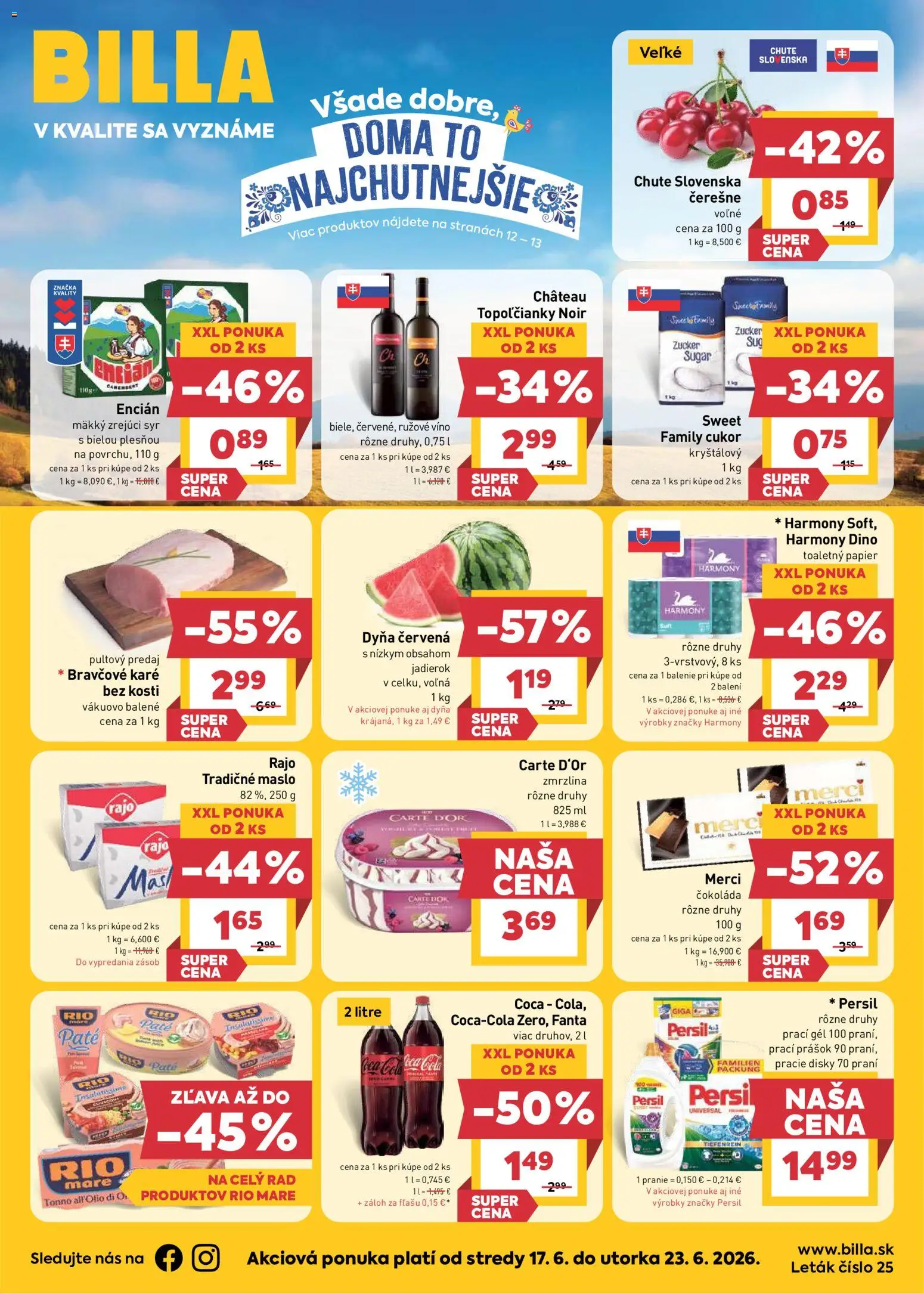 Nové Billa akcie – leták je platný od 17.06.2026 | Strana: 1 | Produkty: Víno, Zmrzlina, Toaletný papier, Bravčové karé