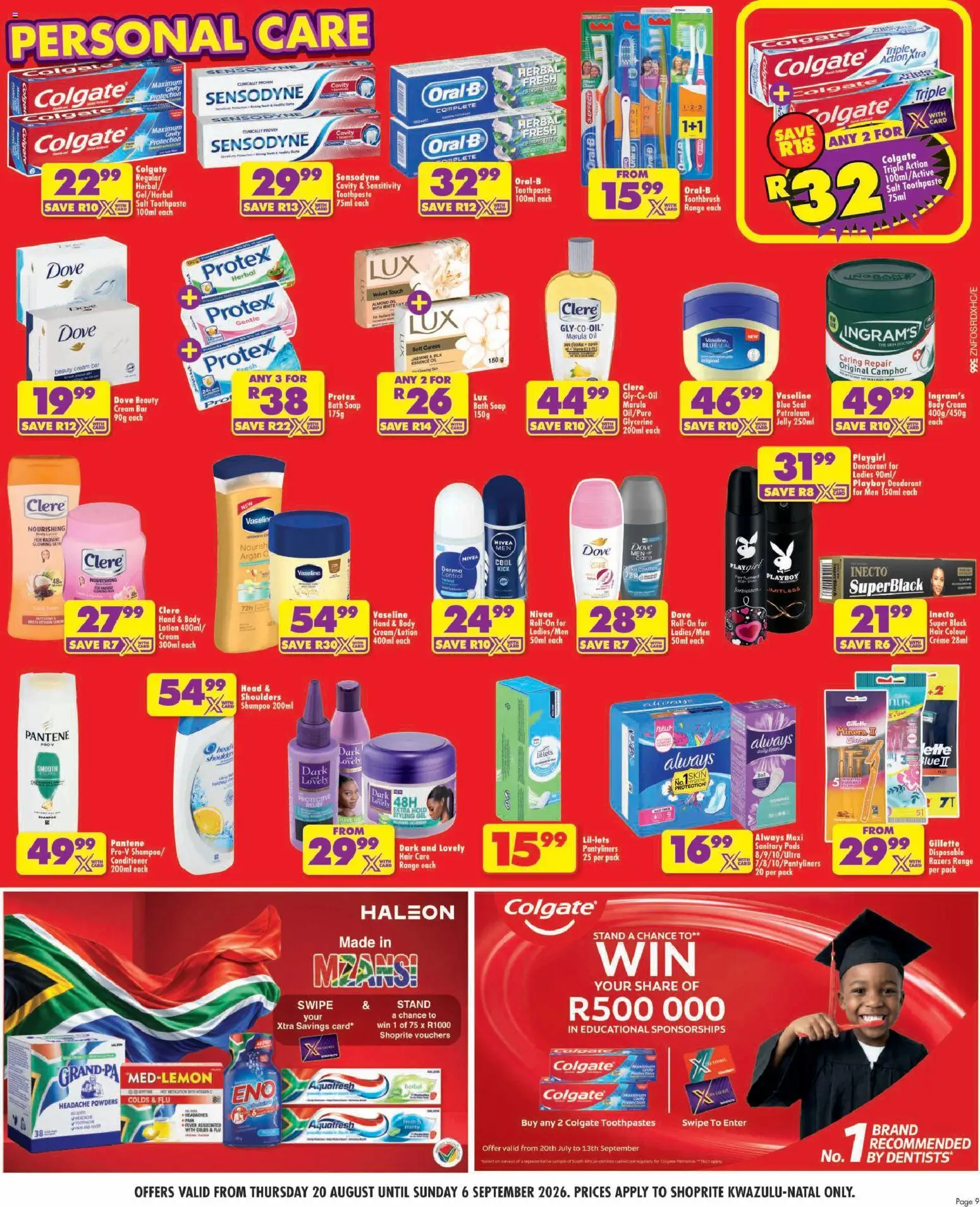 New Shoprite catalogue – valid from 20/08/2026 | Page: 9 | Products: Pads, Conditioner, Razors, Toothbrush