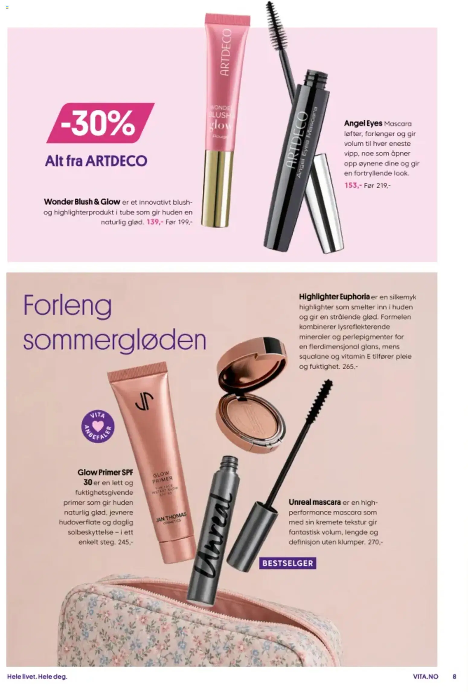 {H1} | Side: 8 | Produkter: Primer, Mascara, Highlighter, Blush