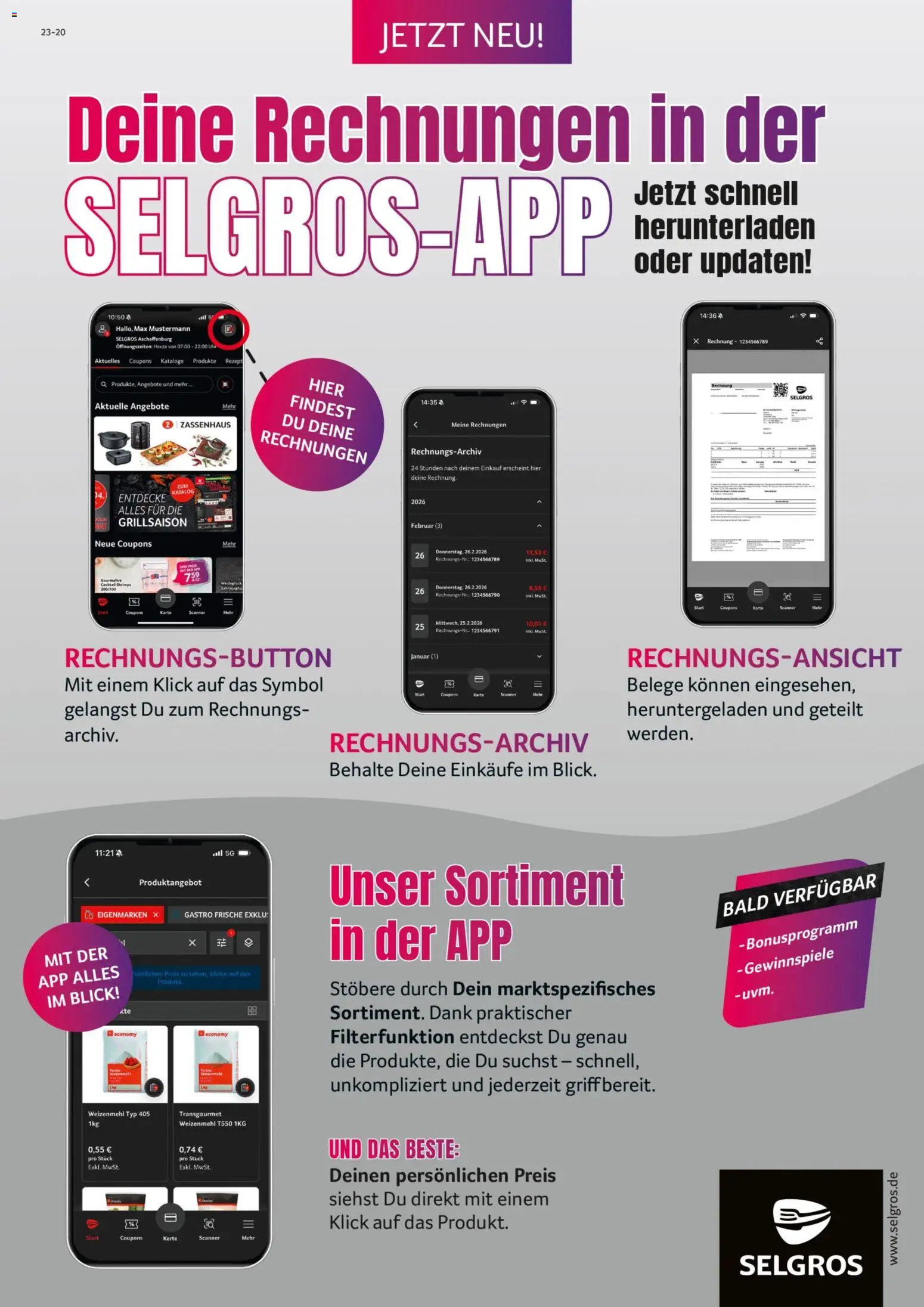 Selgros Deine Rechnungen in der APP – gültig ab 28.05.2026 | Seite: 1 | Produkte: Weizenmehl, Uhr