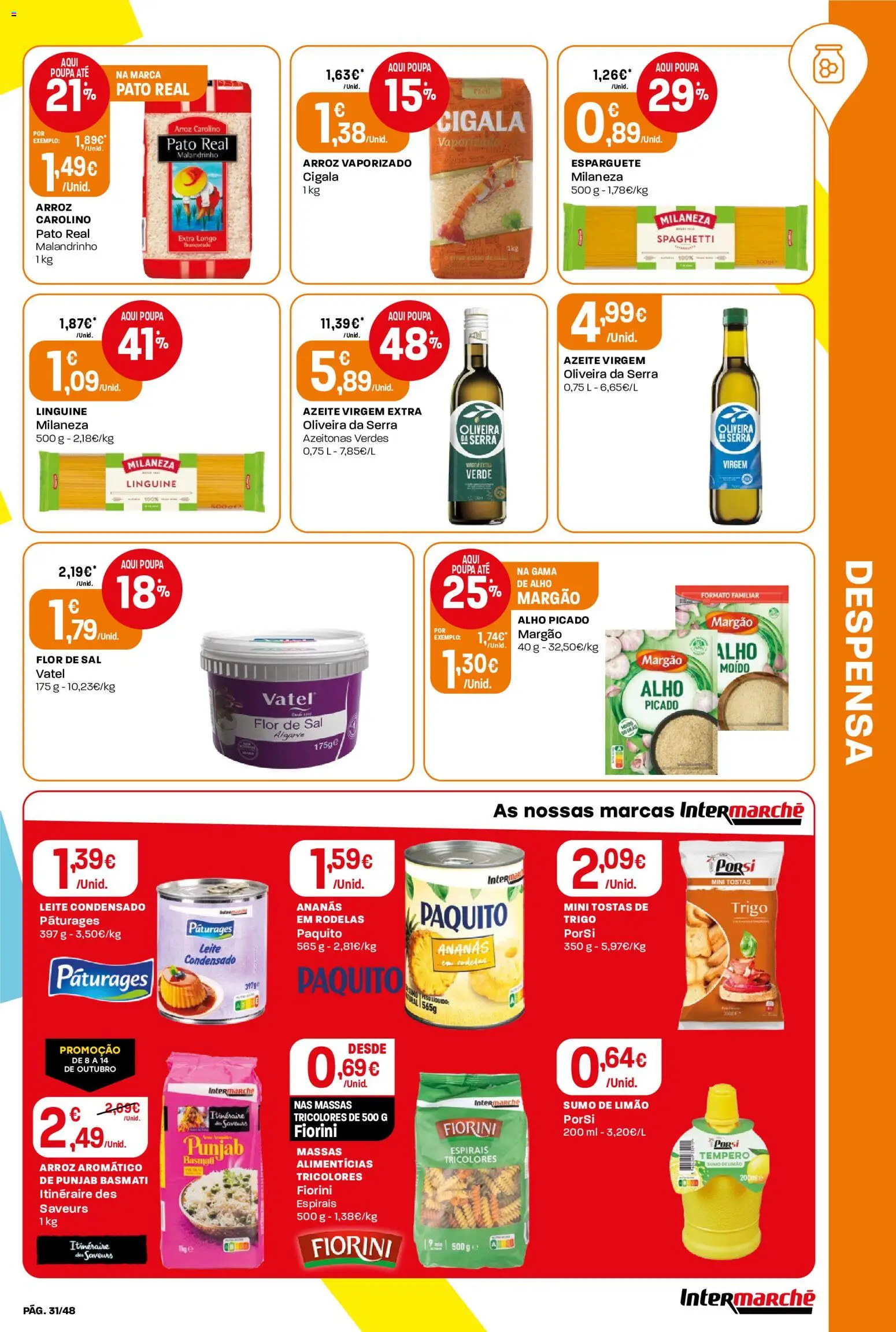 Intermarché folheto │ válido de 08/10/2026 | Página: 31 | Produtos: Esparguete, Milaneza, Sal, Leite