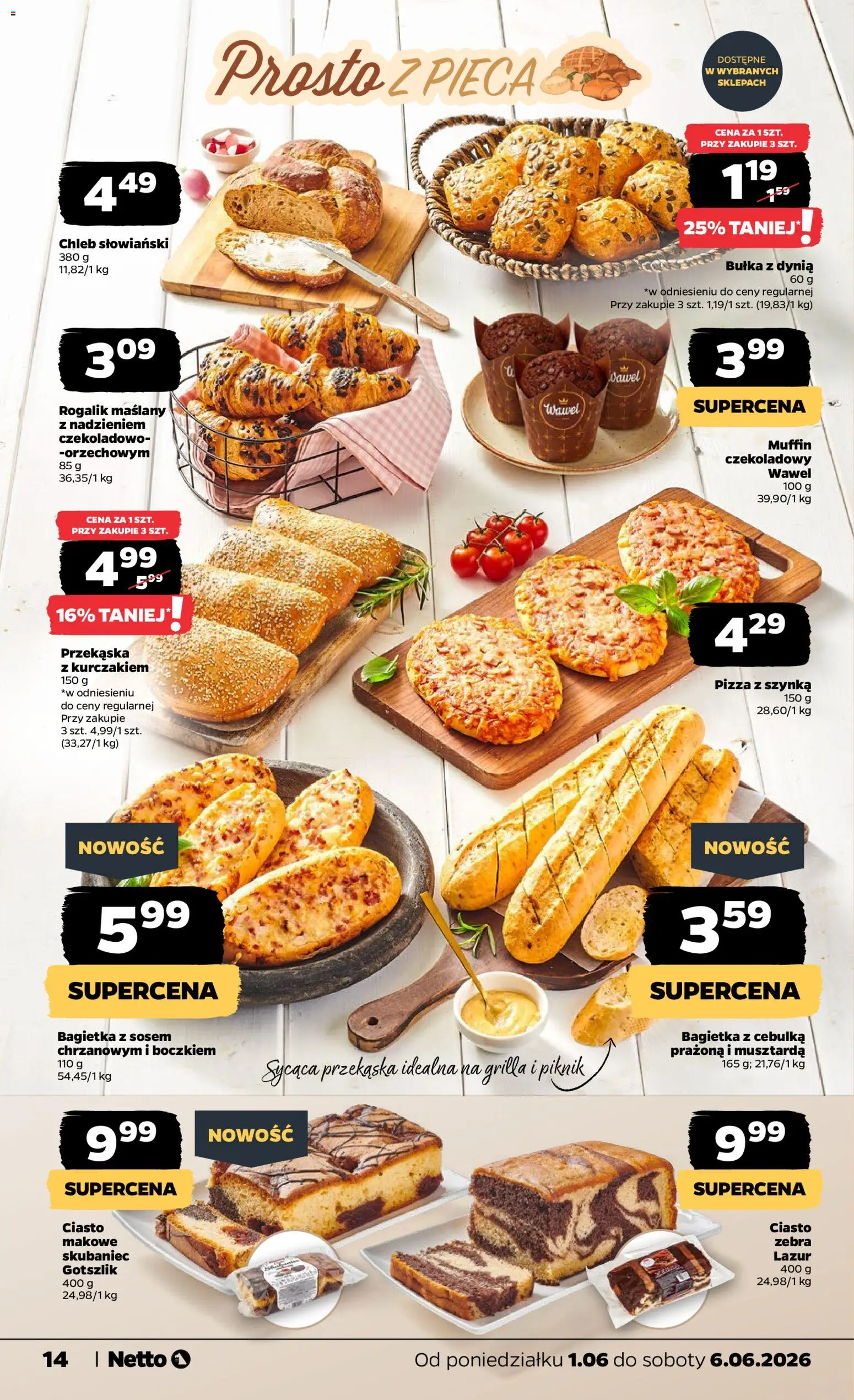 Netto gazetka od poniedziałku spożywcza od 01.06.2026 | Strona: 14 | Produkty: Szynka, Bułka, Chleb, Pizza