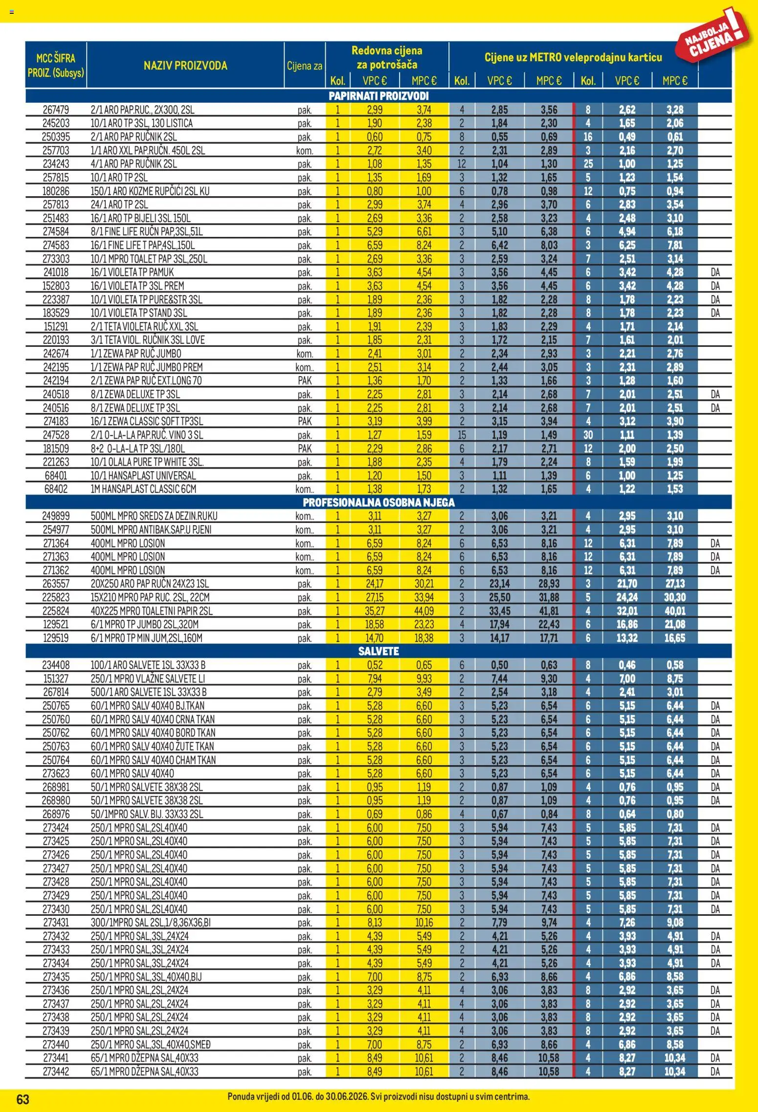 Metro katalog | vrijedi od 01.06.2026 | Stranica: 63 | Proizvodi: Salvete, Ručnik, Toaletni papir, Violeta