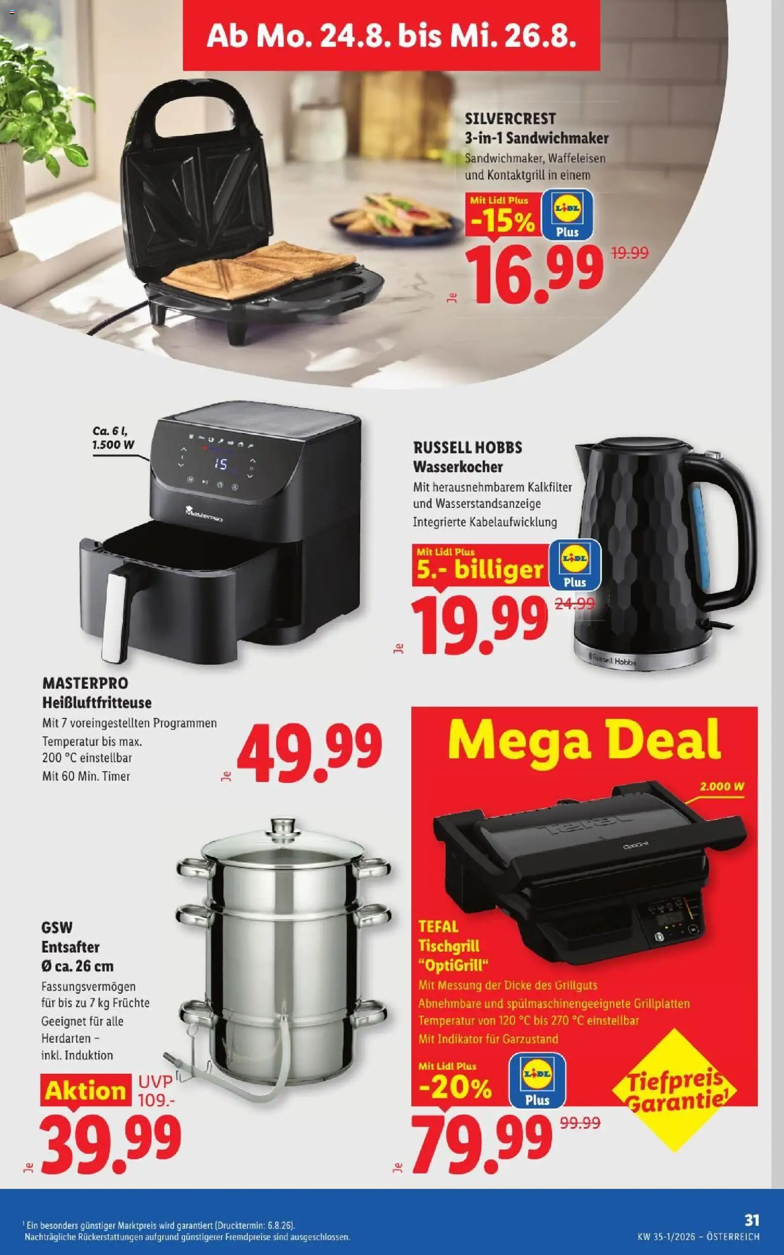 Lidl - Flugblatt gültig ab 20.08.2026 | Seite: 36 | Produkte: Grill, Wasserkocher, Entsafter, Sandwichmaker