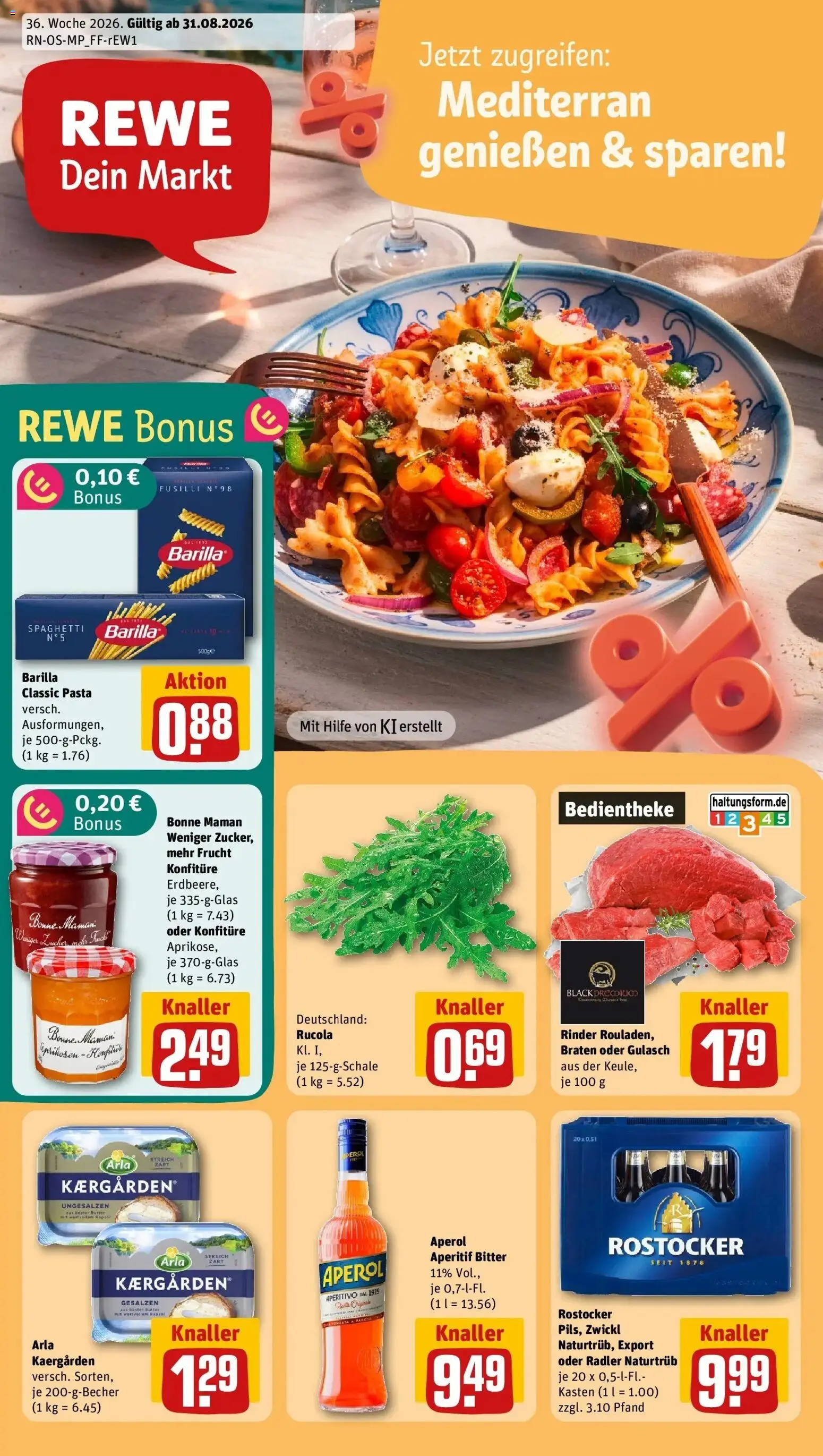 REWE Prospekt ab 31.08.2026 zum Blättern » Angebote | Seite: 1 | Produkte: Barilla, Spaghetti, Gulasch, Bonne maman