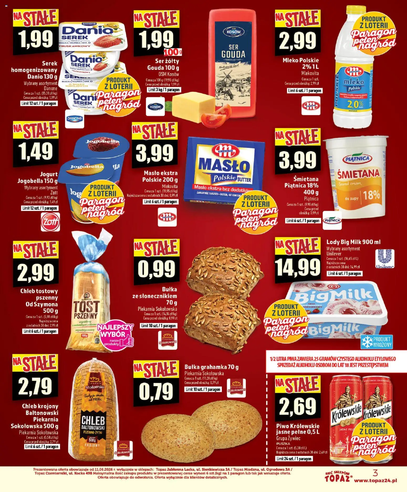Topaz gazetka - Ceny małe na stałe od 17.09.2026 | Strona: 3 | Produkty: Piekarnia, Bułka, Mleko cena, Bułka grahamka