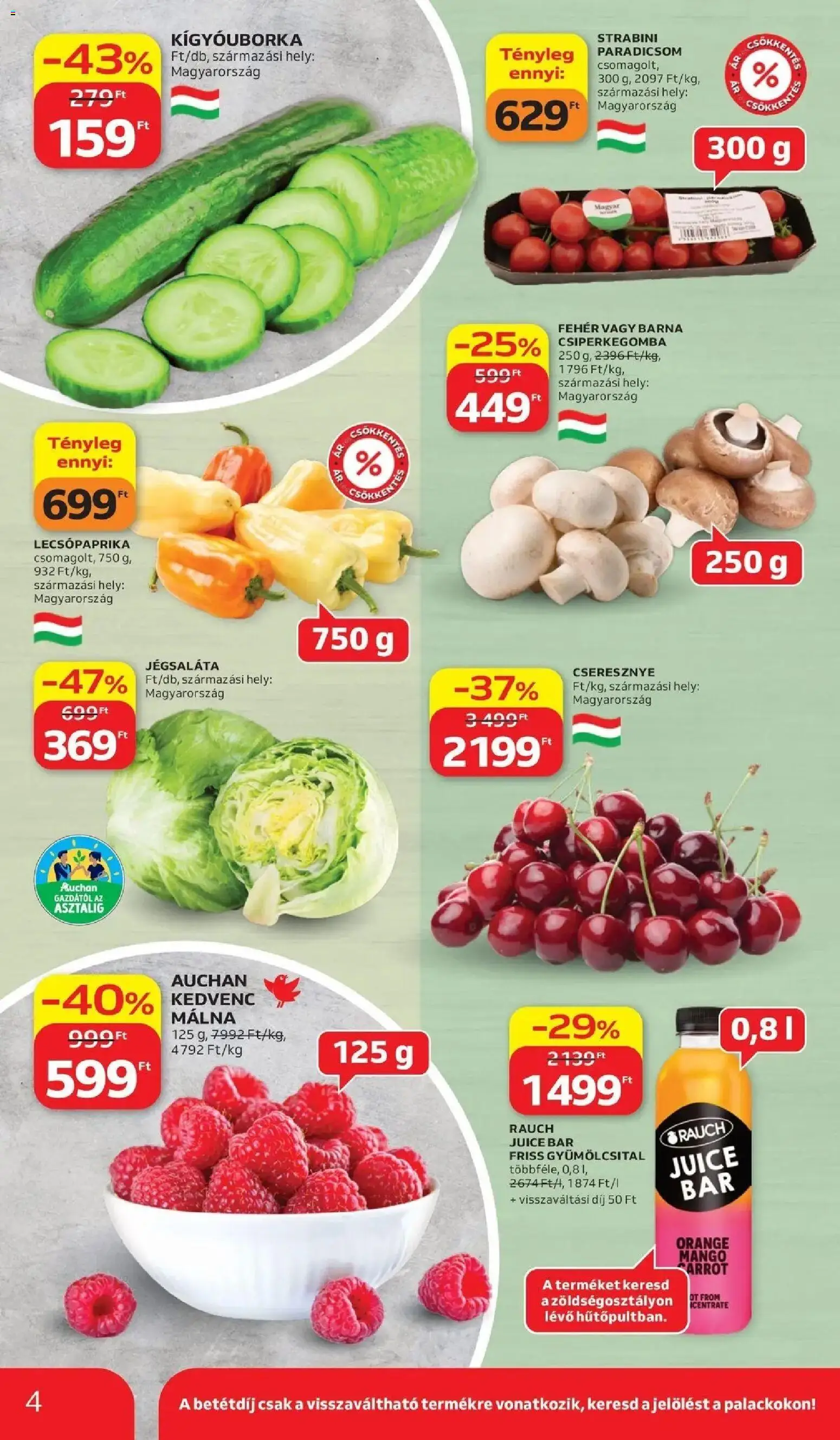 Auchan akciós ujság - amely érvényes a következő dátumtól: 11.06.2026 | Oldal: 4 | Termékek: Gyümölcsital, Kígyóuborka, Cseresznye, Mangó