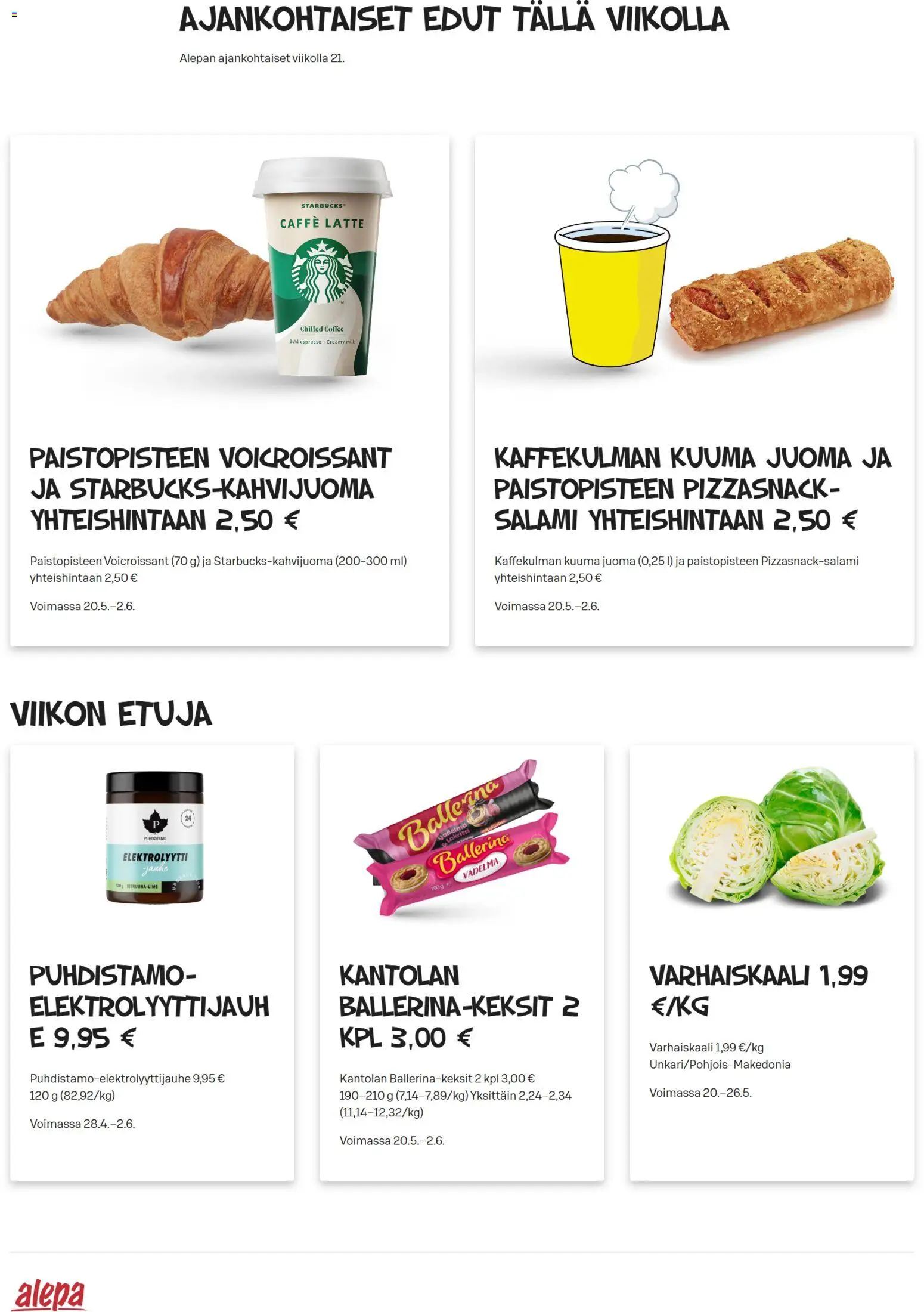 Alepa tarjoukset – voimassa 20.05.2026 alkaen | Sivu: 1 | Tuotteet: Vadelma, Salami, Lakritsi