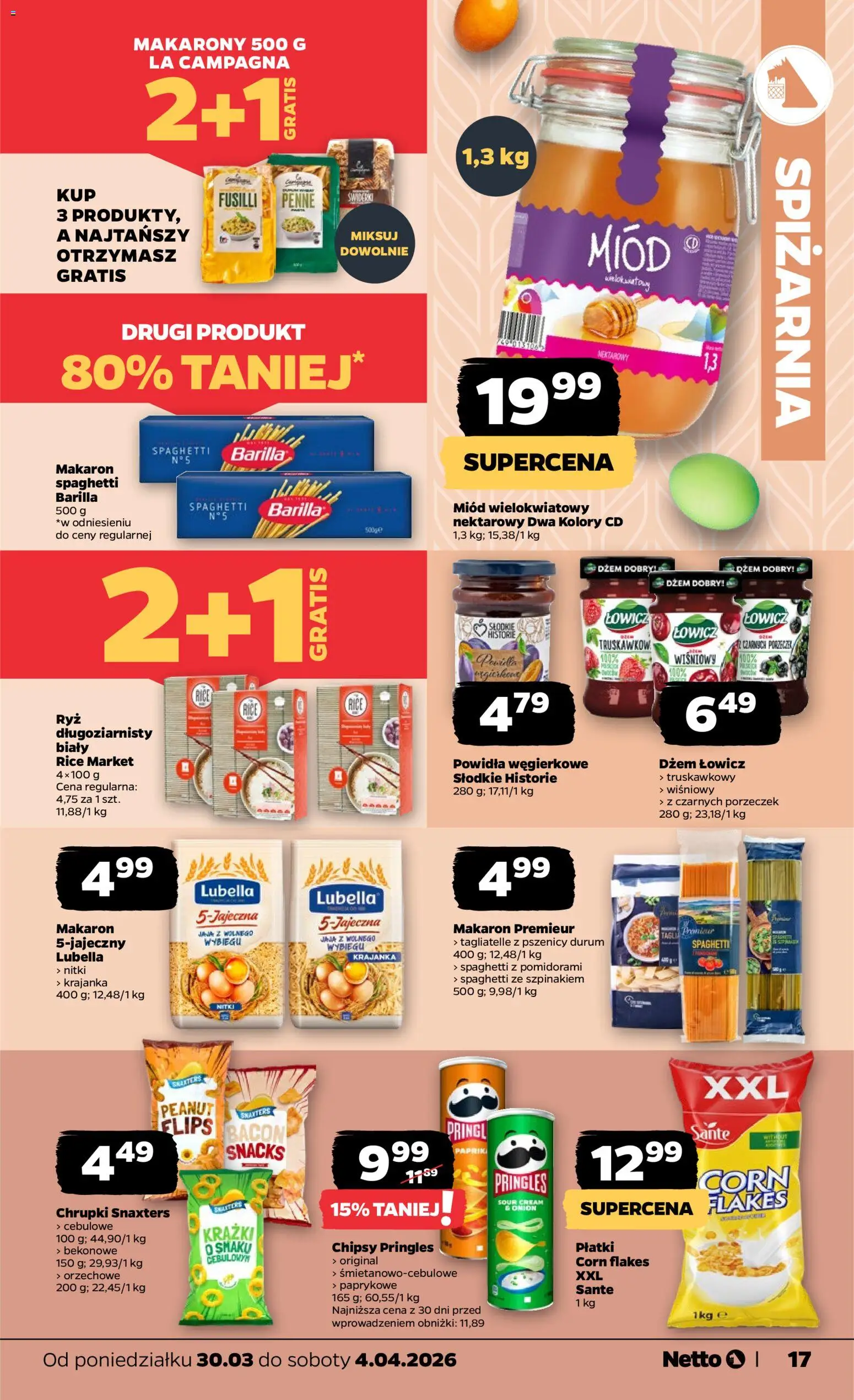 Netto gazetka od poniedziałku spożywcza od 30.03.2026 | Strona: 17 | Produkty: Miód, Chrupki, Tagliatelle, Makaron