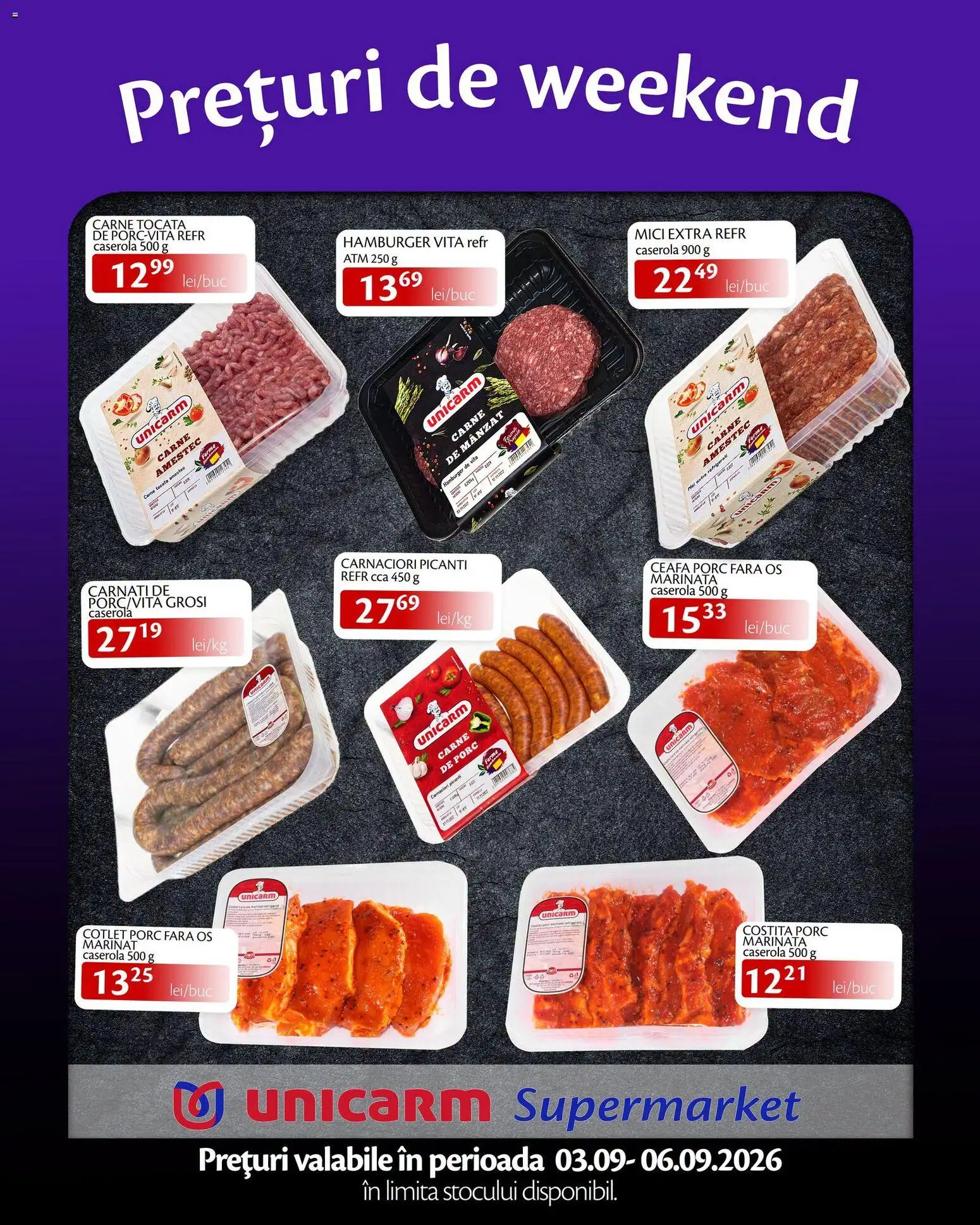 Noul catalog Unicarm – valabil de la 03.09.2026 | Pagină: 2 | Produse: Vită, Cotlet, Cotlet porc, Hamburger