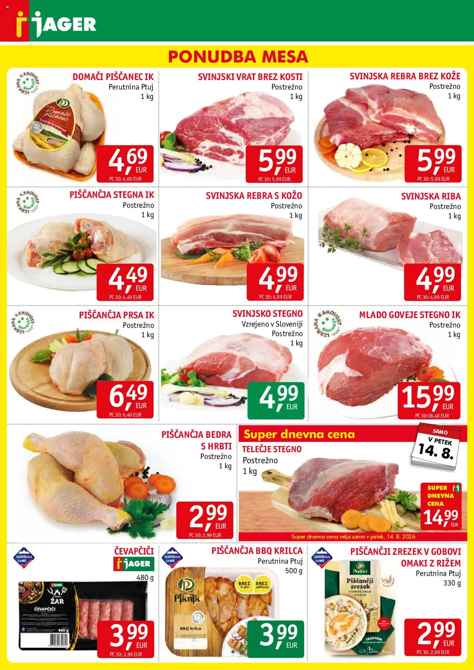 Novi Jager katalog ponudbe – veljaven od 12.08.2026 | Stran: 3 | Izdelki: Piščančja prsa, Čevapčiči, Piščančja bedra, Riba