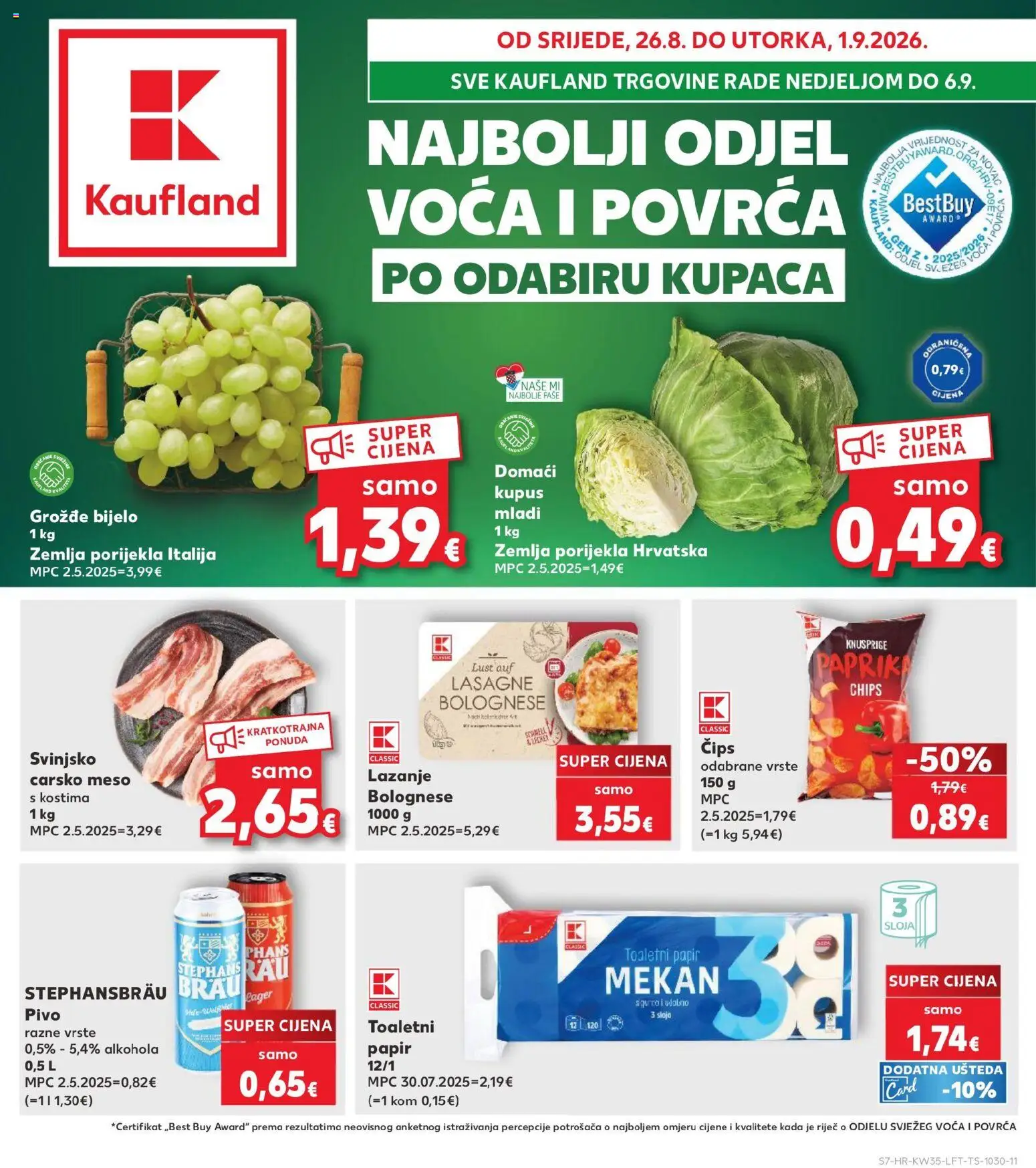 Kaufland katalog | vrijedi od 26.08.2026 | Stranica: 7 | Proizvodi: Carsko meso, Čips, Kupus, Lager