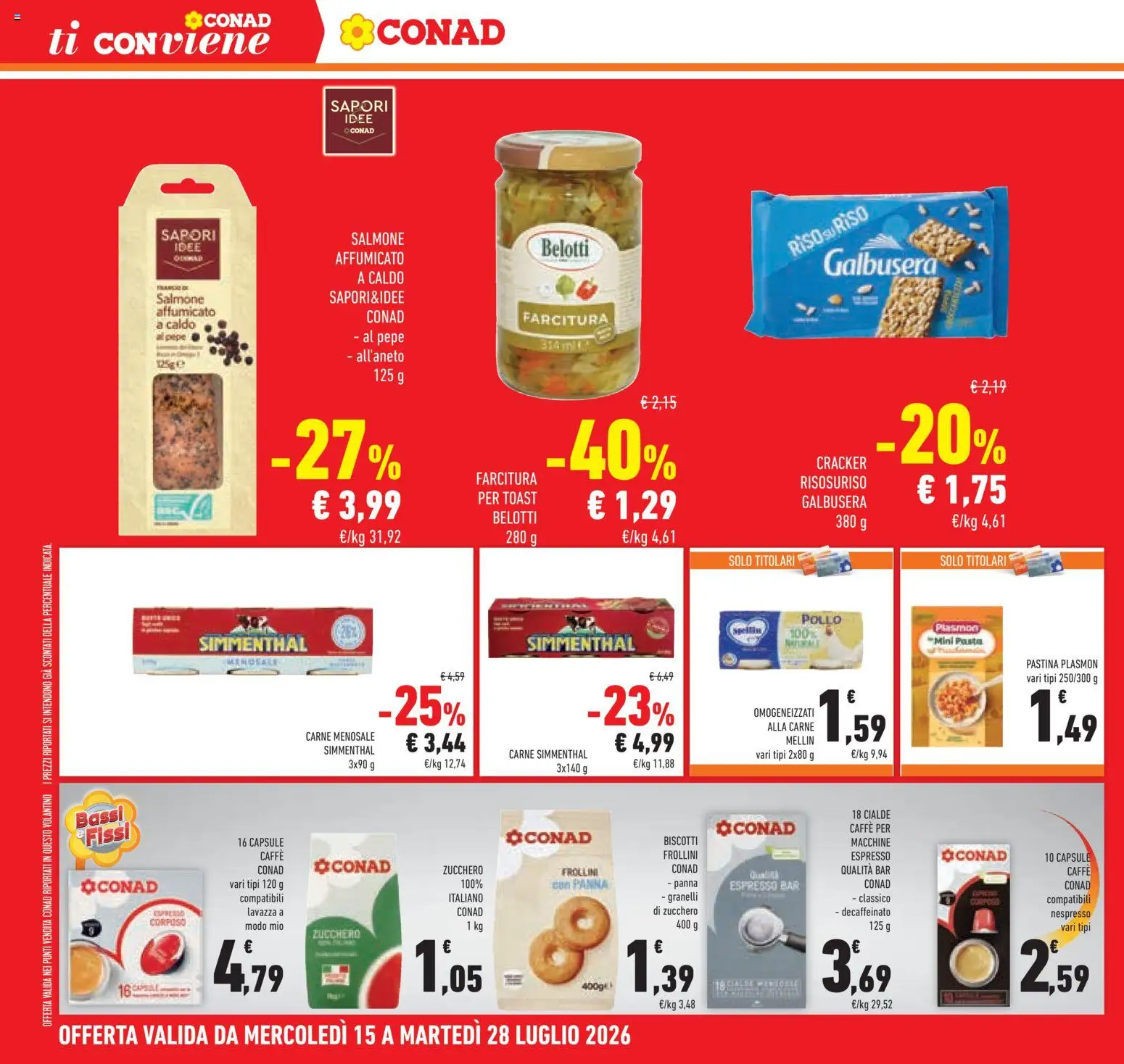 Volantino Conad del 15/07/2026 | Pagina: 30 | Prodotti: Salmone affumicato, Biscotti, Zucchero, Pasta