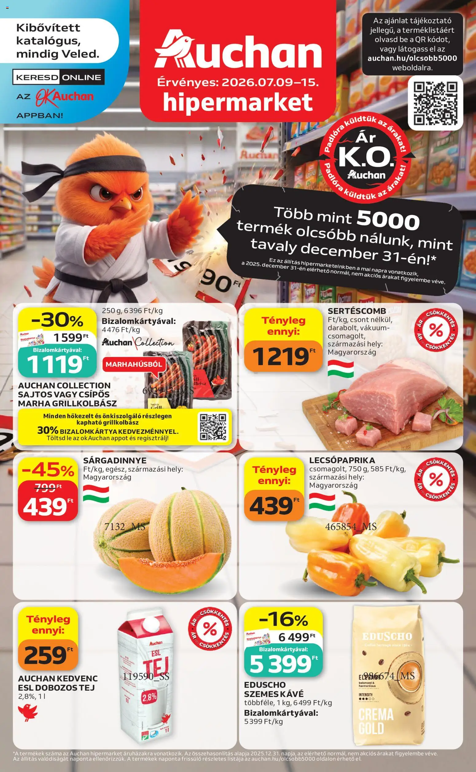 Auchan akciós ujság - amely érvényes a következő dátumtól: 2026.07.09. | Oldal: 1 | Termékek: Grillkolbász, Tej, Szemes kávé, Sárgadinnye