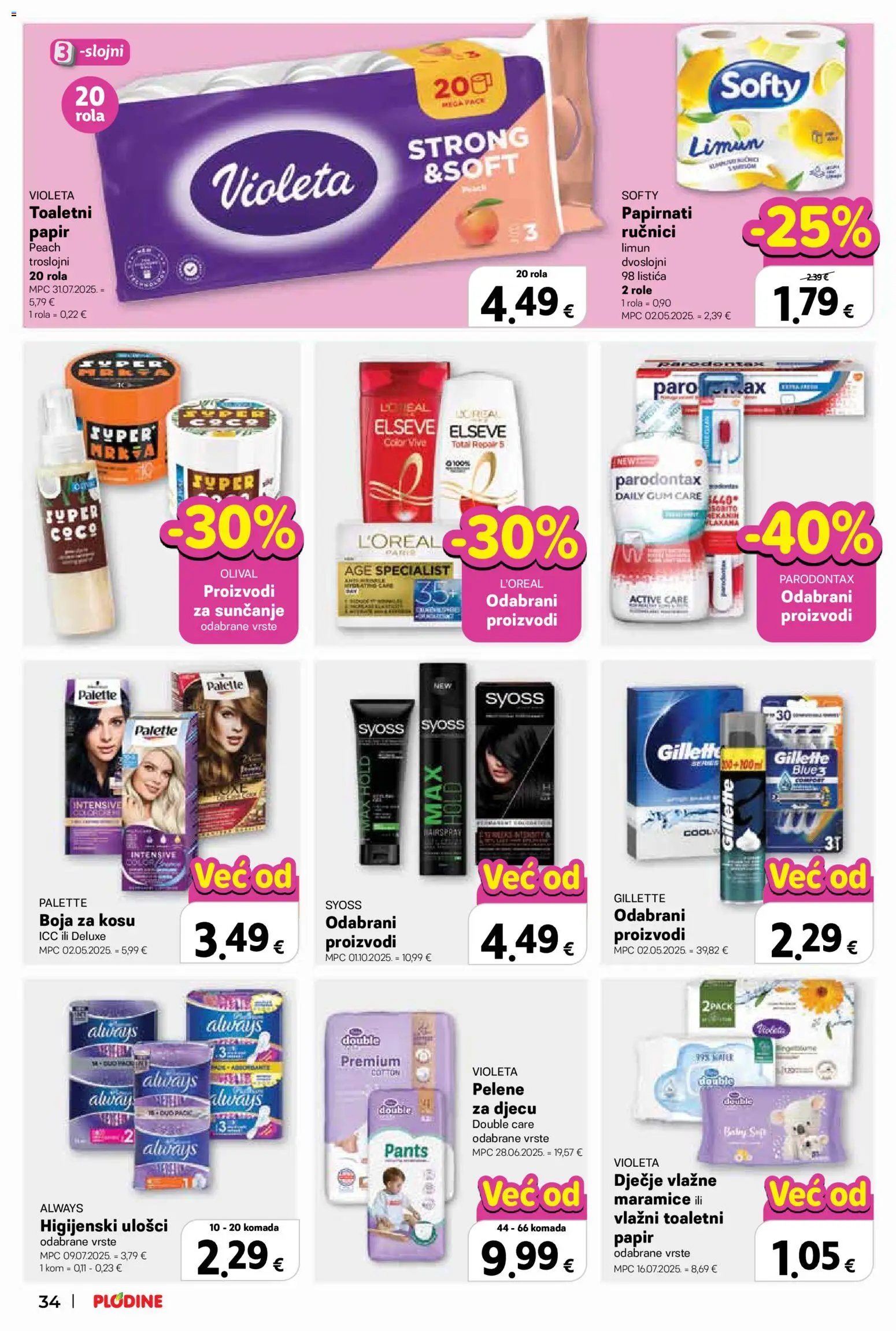 Plodine katalog | vrijedi od 06.05.2026 | Stranica: 34 | Proizvodi: Pelene, Role, Higijenski ulošci, Limun