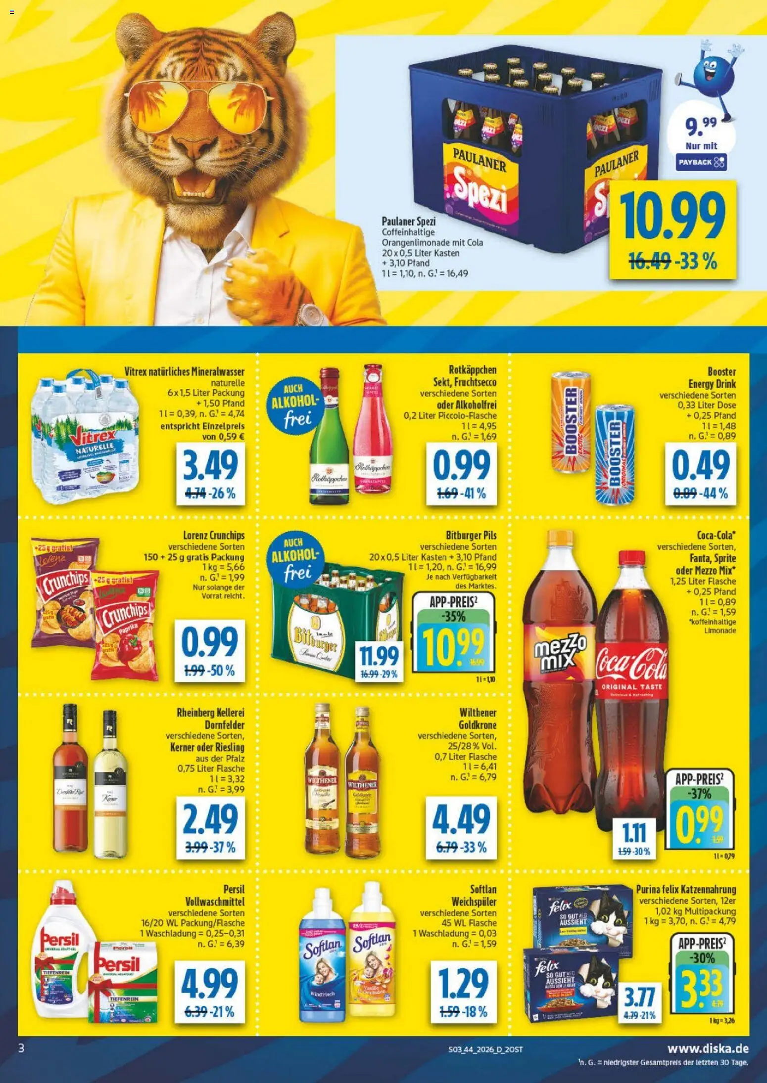 Diska Prospekt – gültig ab 26.10.2026 | Seite: 3 | Produkte: Bitburger, Sprite, Weichspüler, Persil