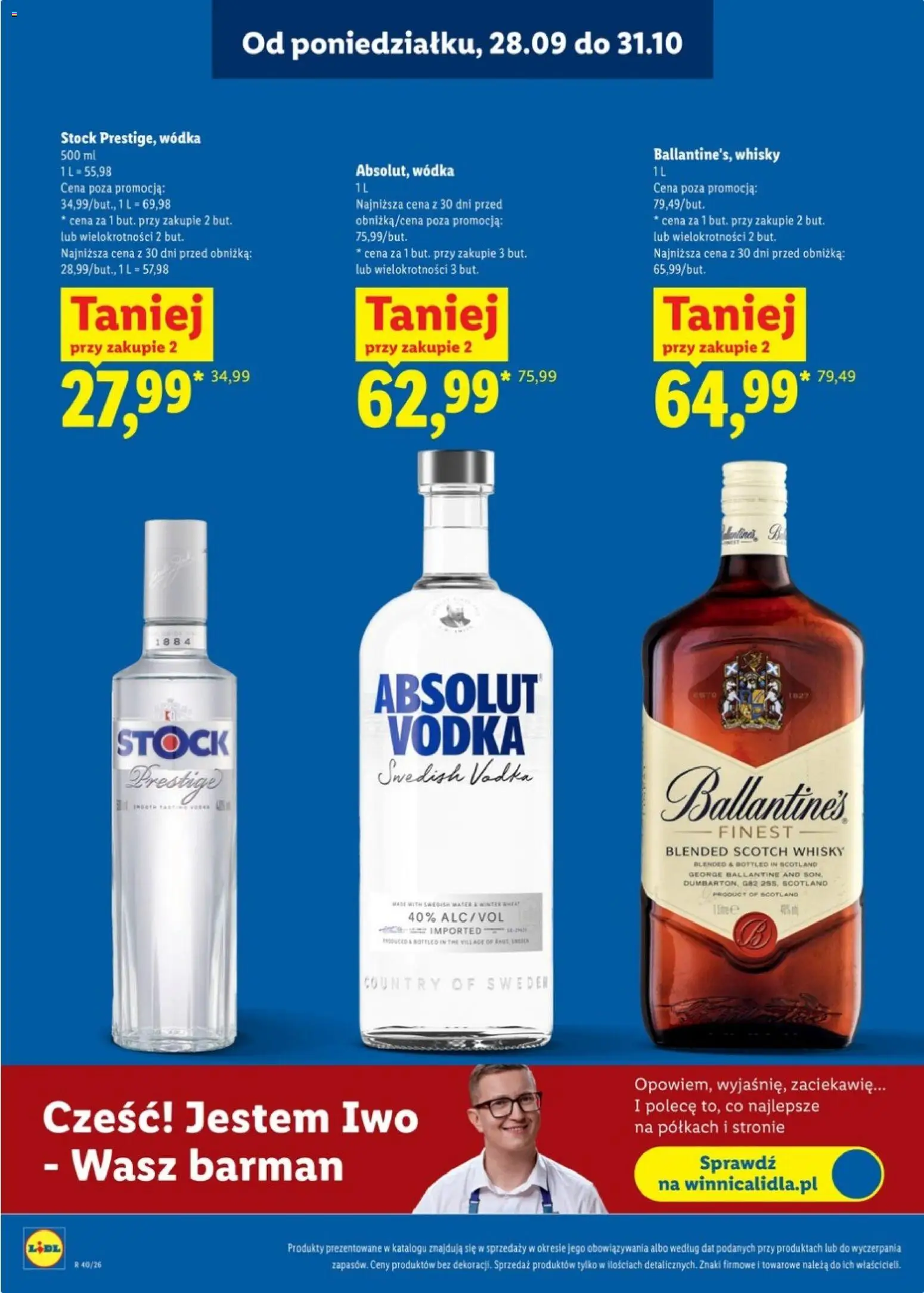 Lidl Katalog alkoholi mocnych od 28.09.2026 | Strona: 2 | Produkty: Wódka Absolut, Wódka Stock, Scotch whisky, Whisky