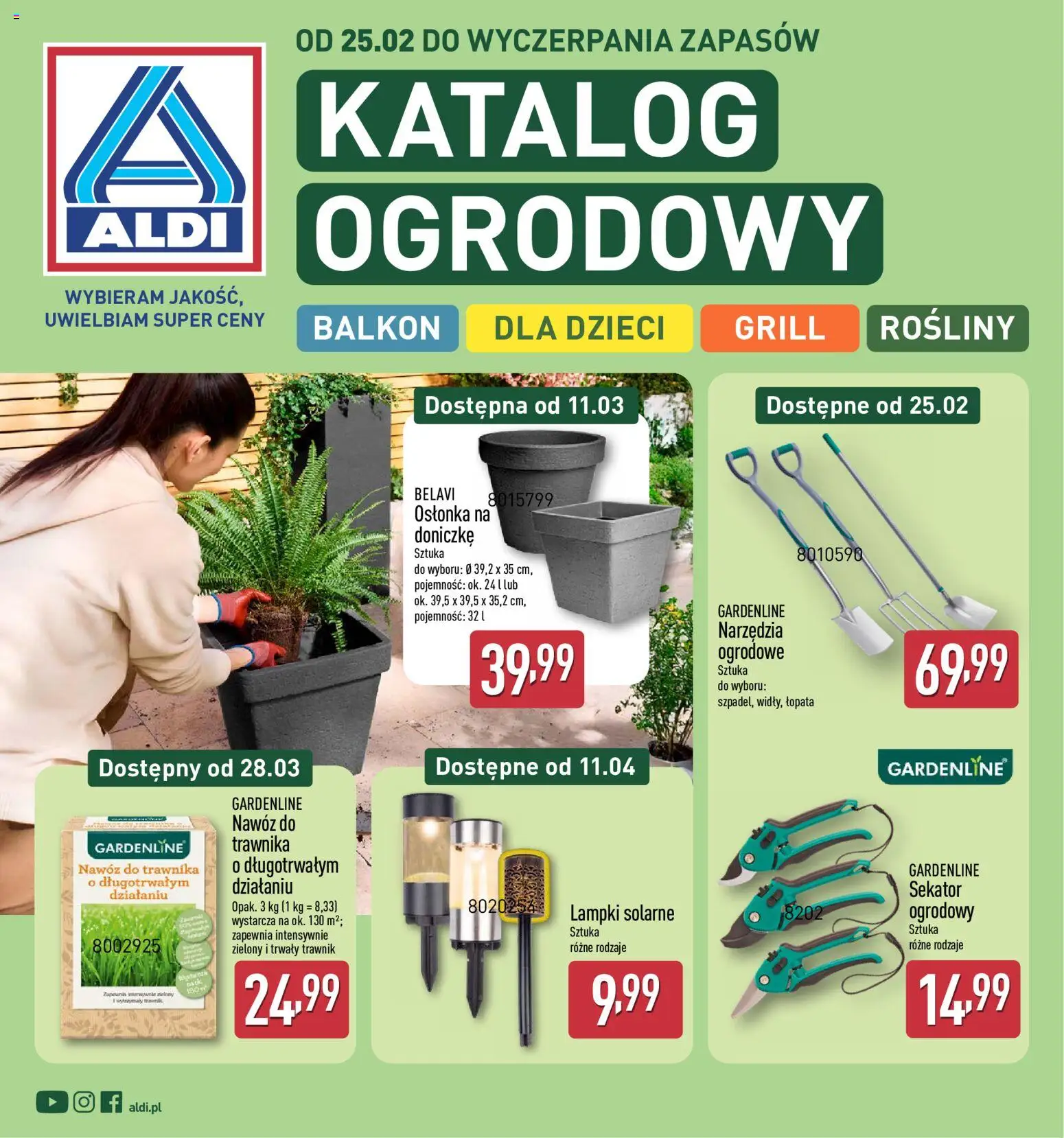 Aldi Gazetka - Katalog ogrodowy od 25.02.2026 | Strona: 1 | Produkty: Lampki, Sekator, Grill, Rosliny