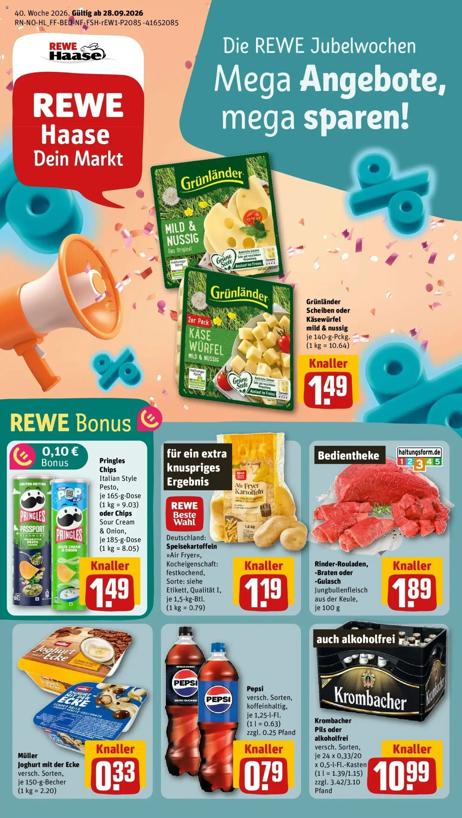 REWE Prospekt ab 28.09.2026 zum Blättern » Angebote | Seite: 1 | Produkte: Kartoffeln, Grunlander, Gulasch, Krombacher