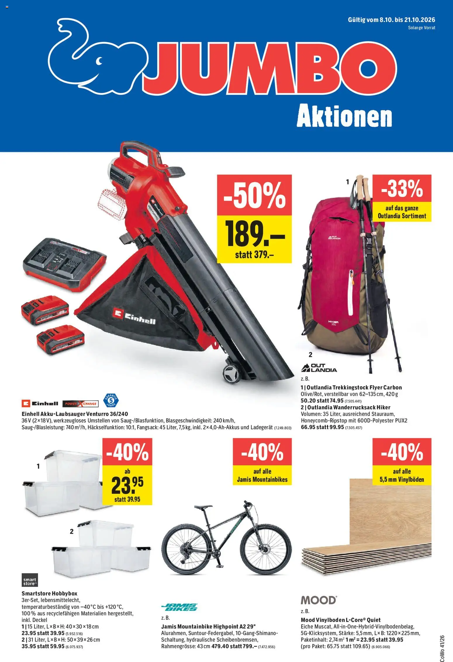 Jumbo aktionen – gültig ab 08.10.2026 | Seite: 1 | Produkte: Mountainbike, Deckel, Wanderrucksack, Ladegerät