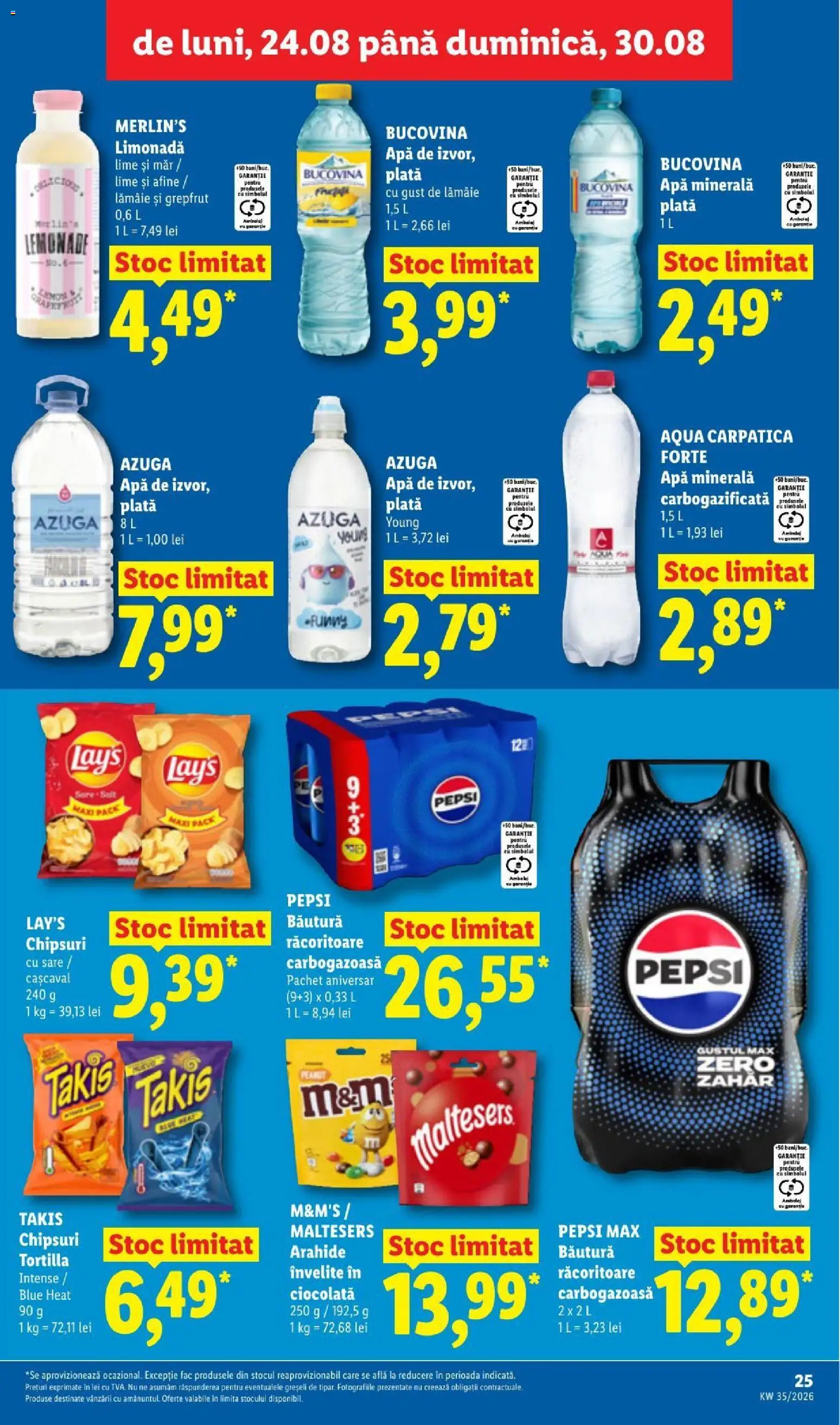Noul catalog Lidl – valabil de la 24.08.2026 | Pagină: 25 | Produse: Apa minerala plata, Apa minerala carbogazoasa, Ciocolată, Lămâie
