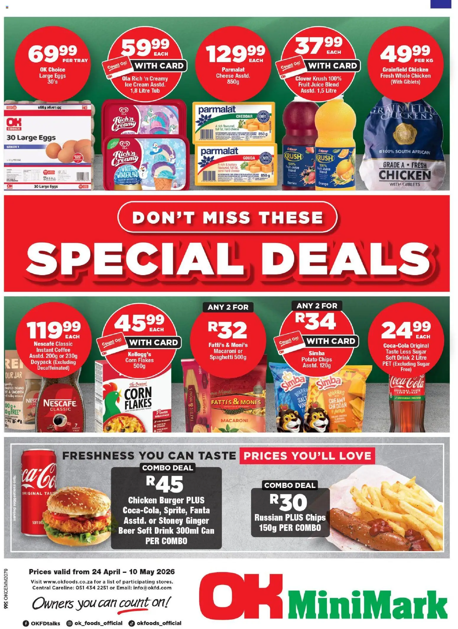 New OK Foods catalogue – valid from 24.04.2026 | Page: 1 | Products: Coffee, Chicken, Chips, Fruit