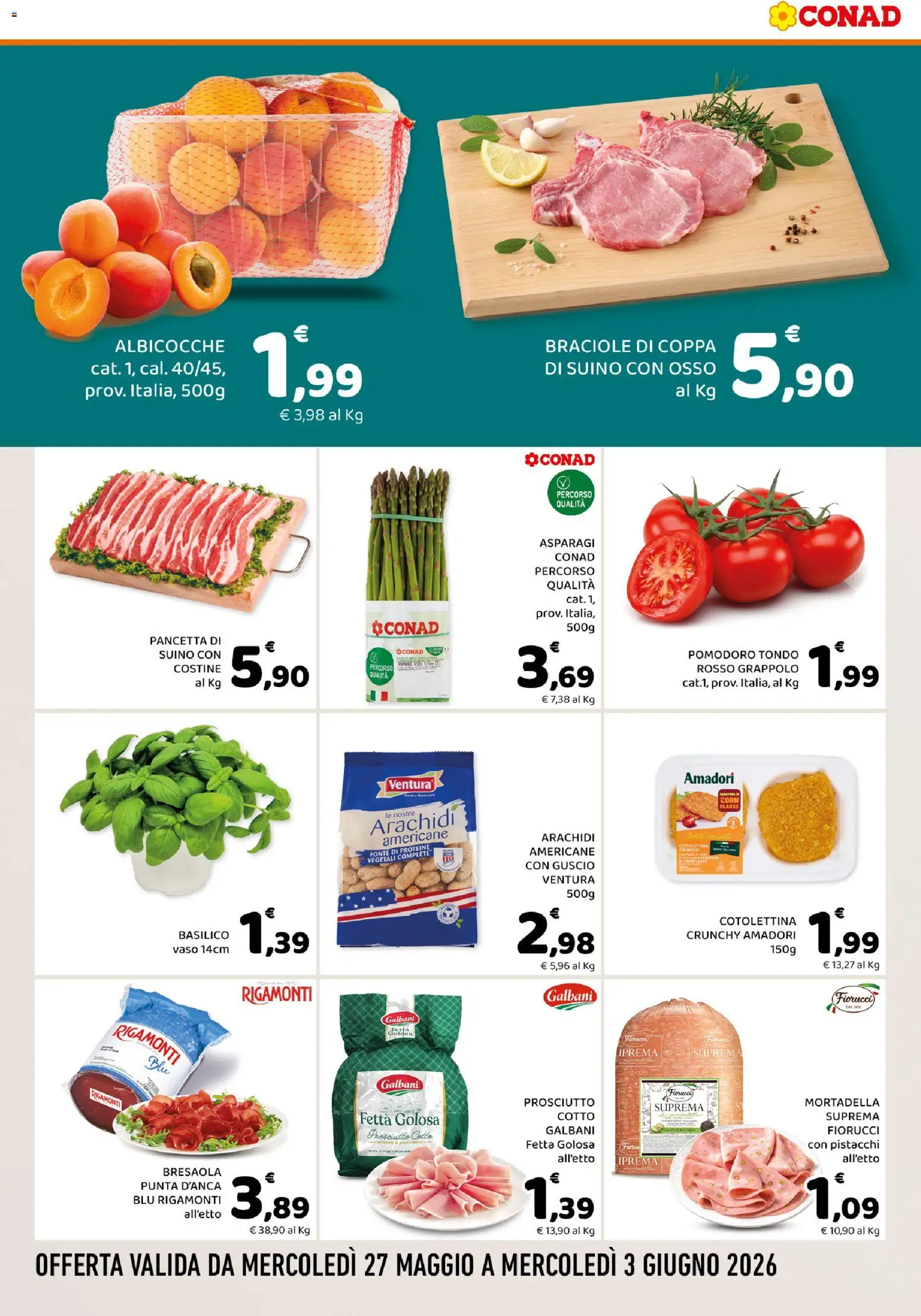 Volantino Conad del 27.05.2026 | Pagina: 2 | Prodotti: Pomodoro, Asparagi, Albicocche, Vaso