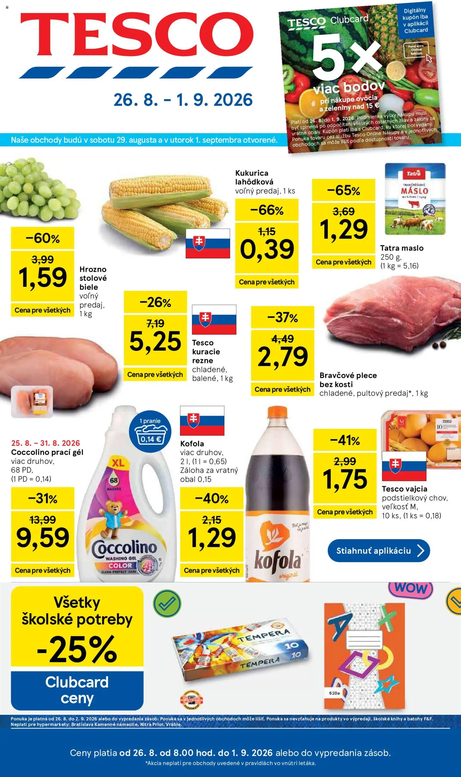Nové Tesco akcie – leták je platný od 26.08.2026 | Strana: 1 | Produkty: Maslo, Bravčové plece, Prací gél, Rezne