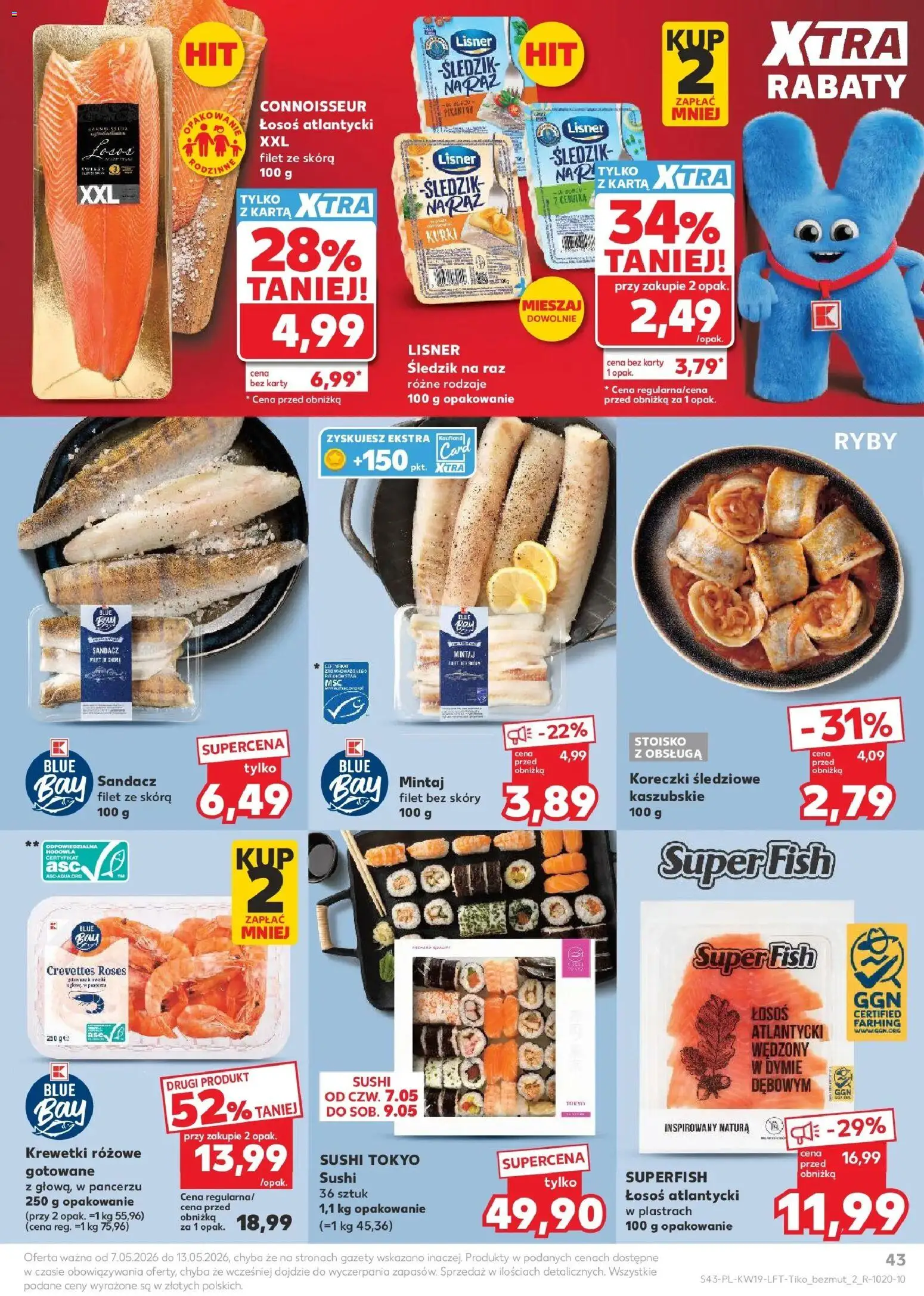 Kaufland gazetka od 07.05.2026 | Strona: 43 | Produkty: Łosoś atlantycki, Krewetki, Mintaj, Sushi