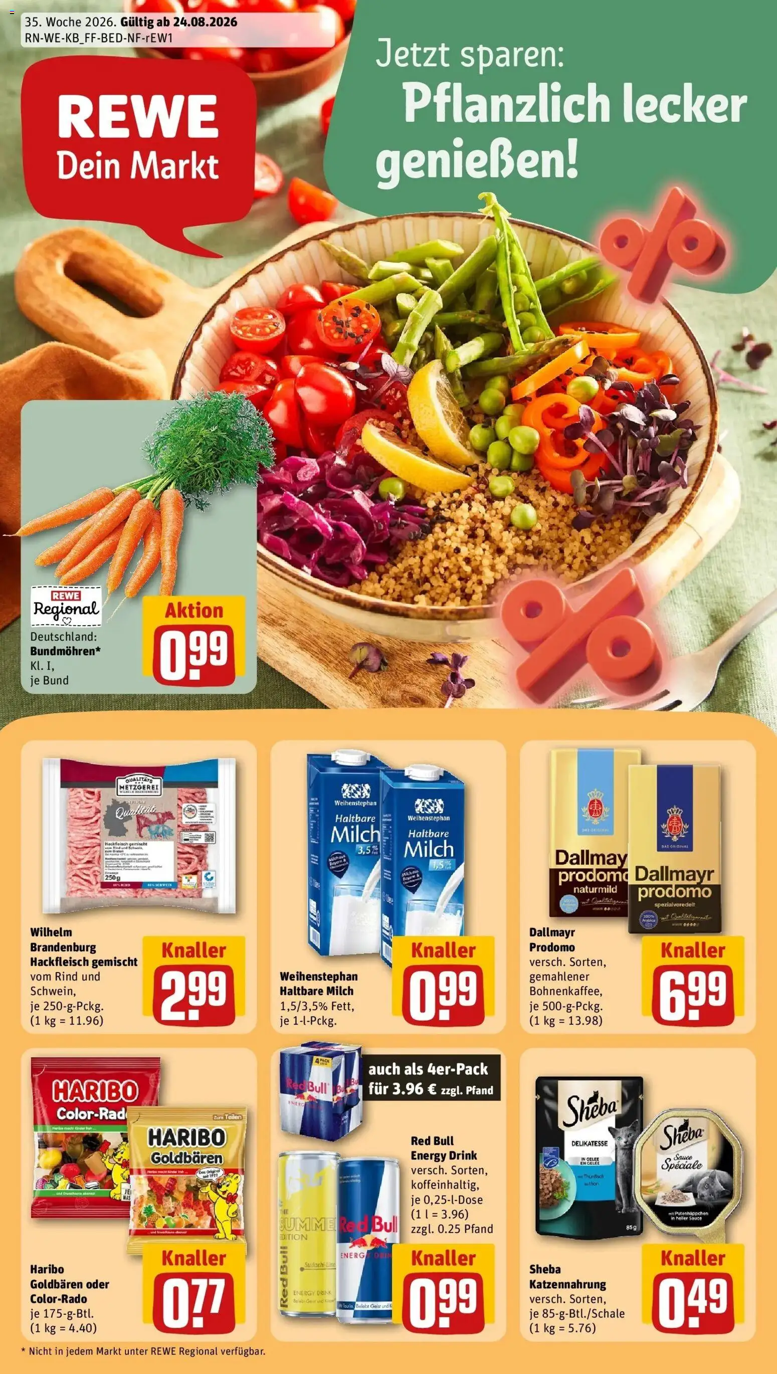 REWE Prospekt ab 24.08.2026 zum Blättern » Angebote | Seite: 1 | Produkte: Sheba, Red bull, Haribo, Dallmayr