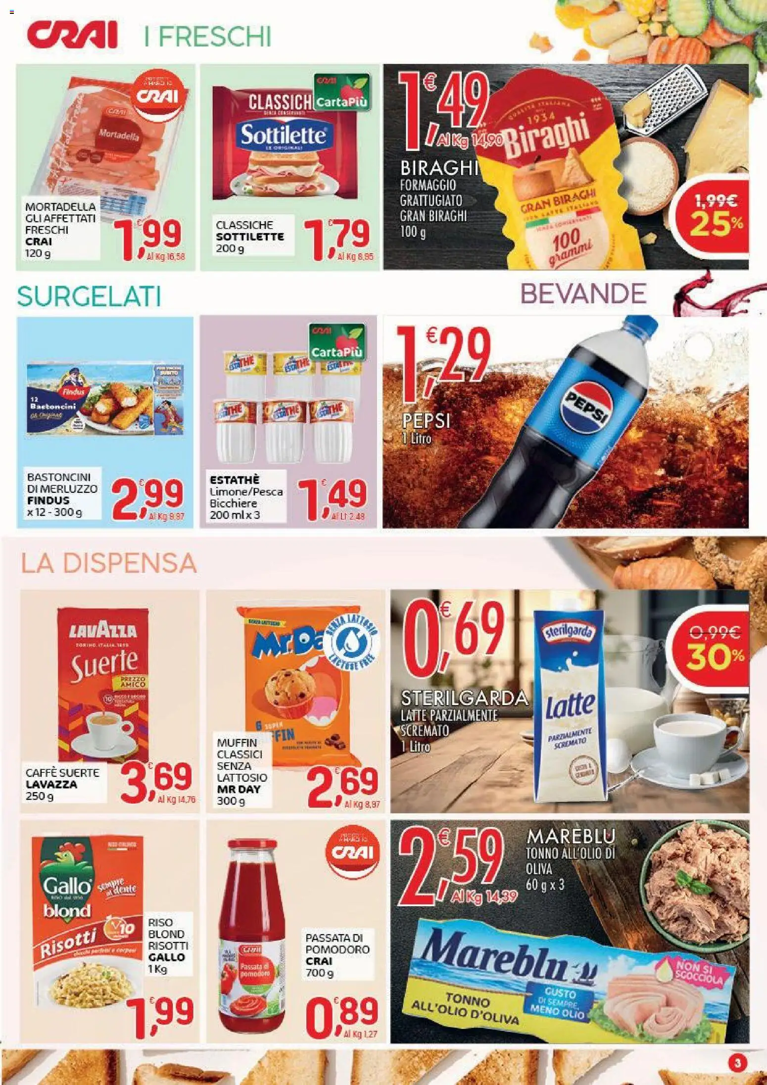 Volantino CRAI del 14.05.2026 | Pagina: 3 | Prodotti: Riso, Latte, Olio, Muffin