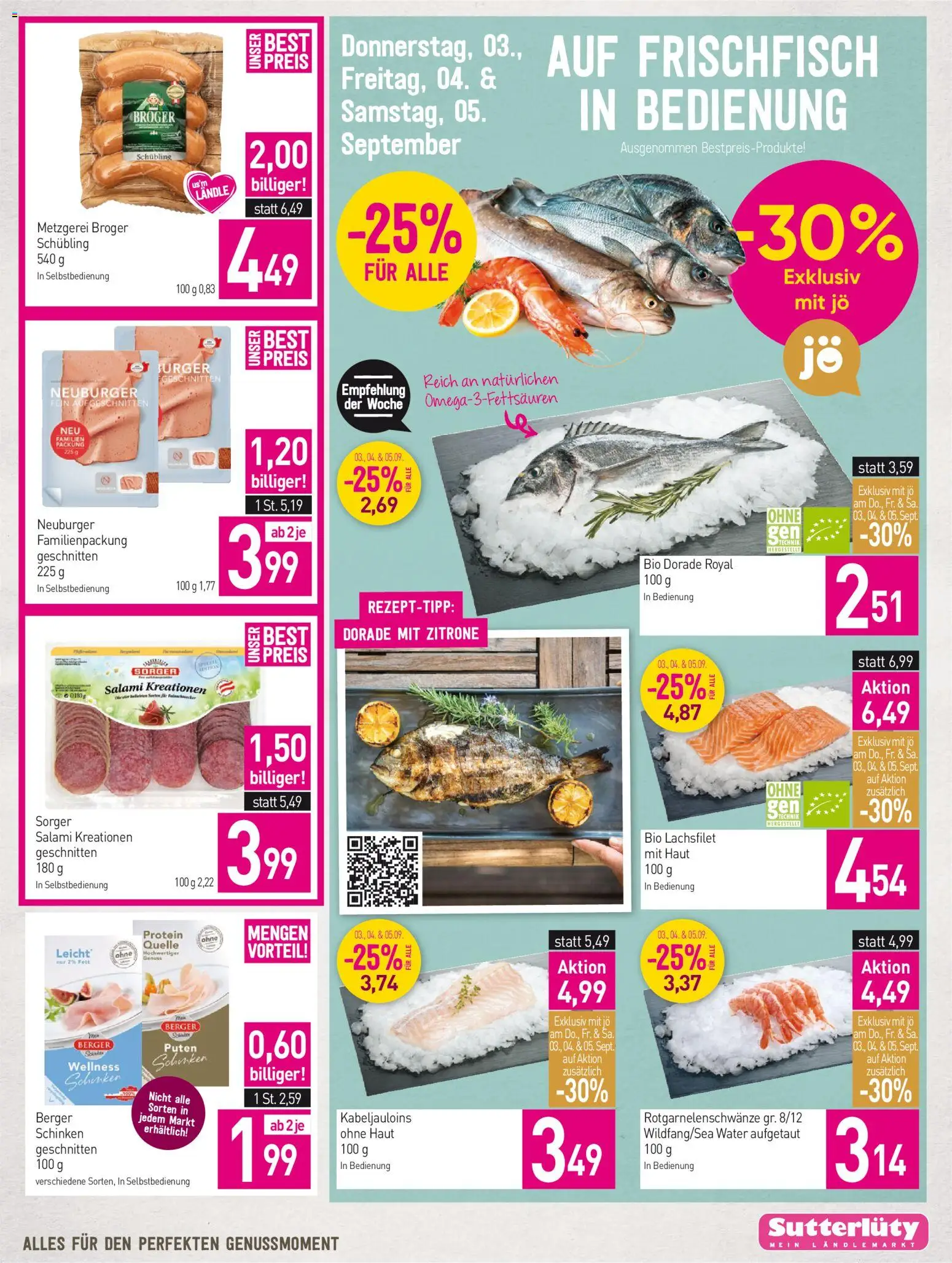 Sutterlüty Flugblatt gültig ab 03.09.2026 | Seite: 7 | Produkte: Burger, Zitrone, Lachsfilet, Salami