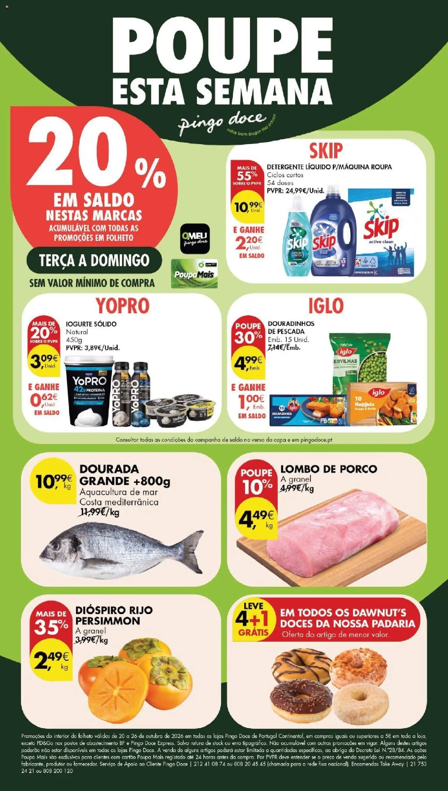 Pingo Doce folheto │ válido de 20/10/2026 | Página: 1 | Produtos: Dourada, Lombo de porco, Doces, Nuggets