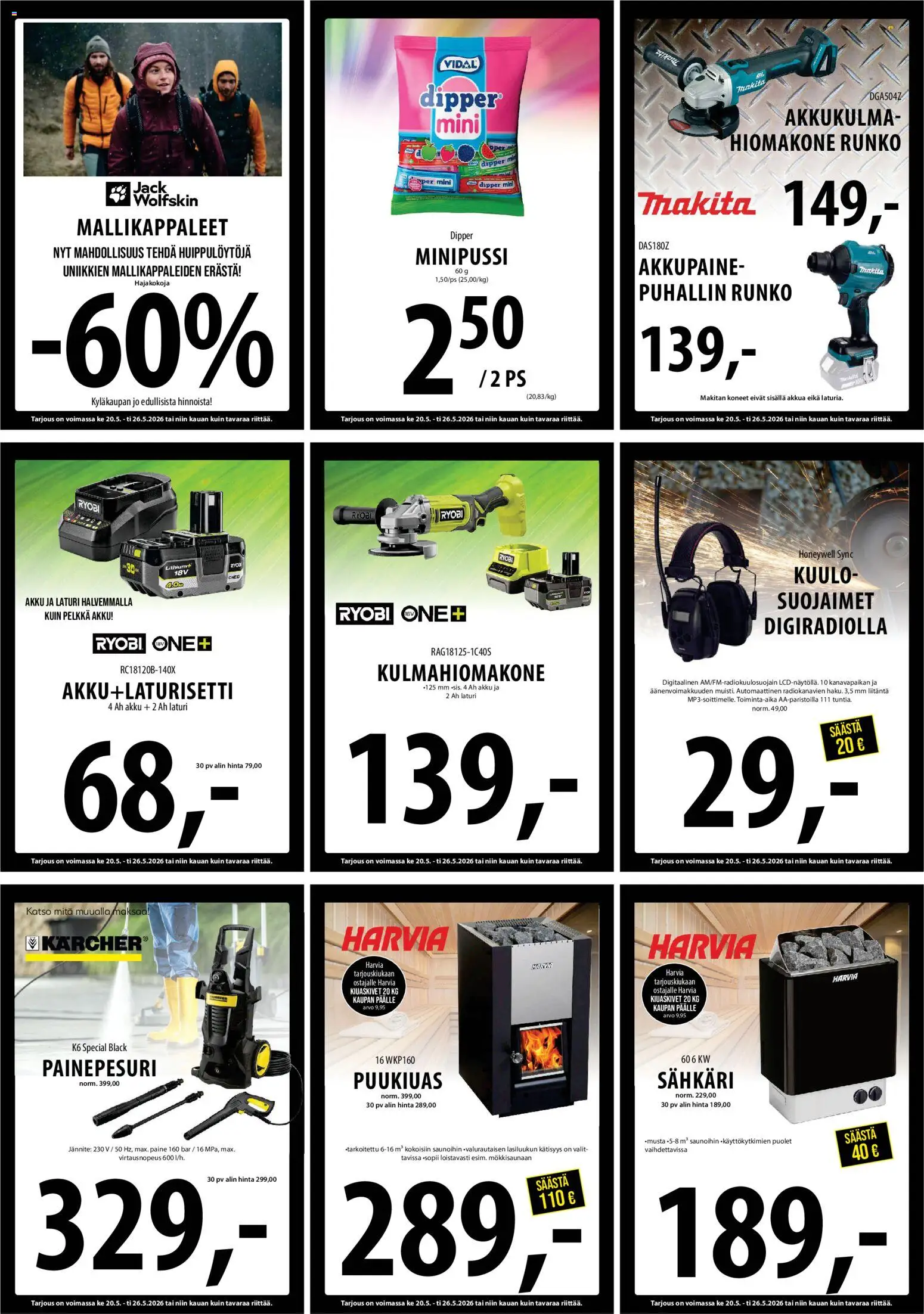 Tuuri tarjoukset – voimassa 20.05.2026 alkaen | Sivu: 22 | Tuotteet: Hiomakone, Painepesuri, Akku, Laturi