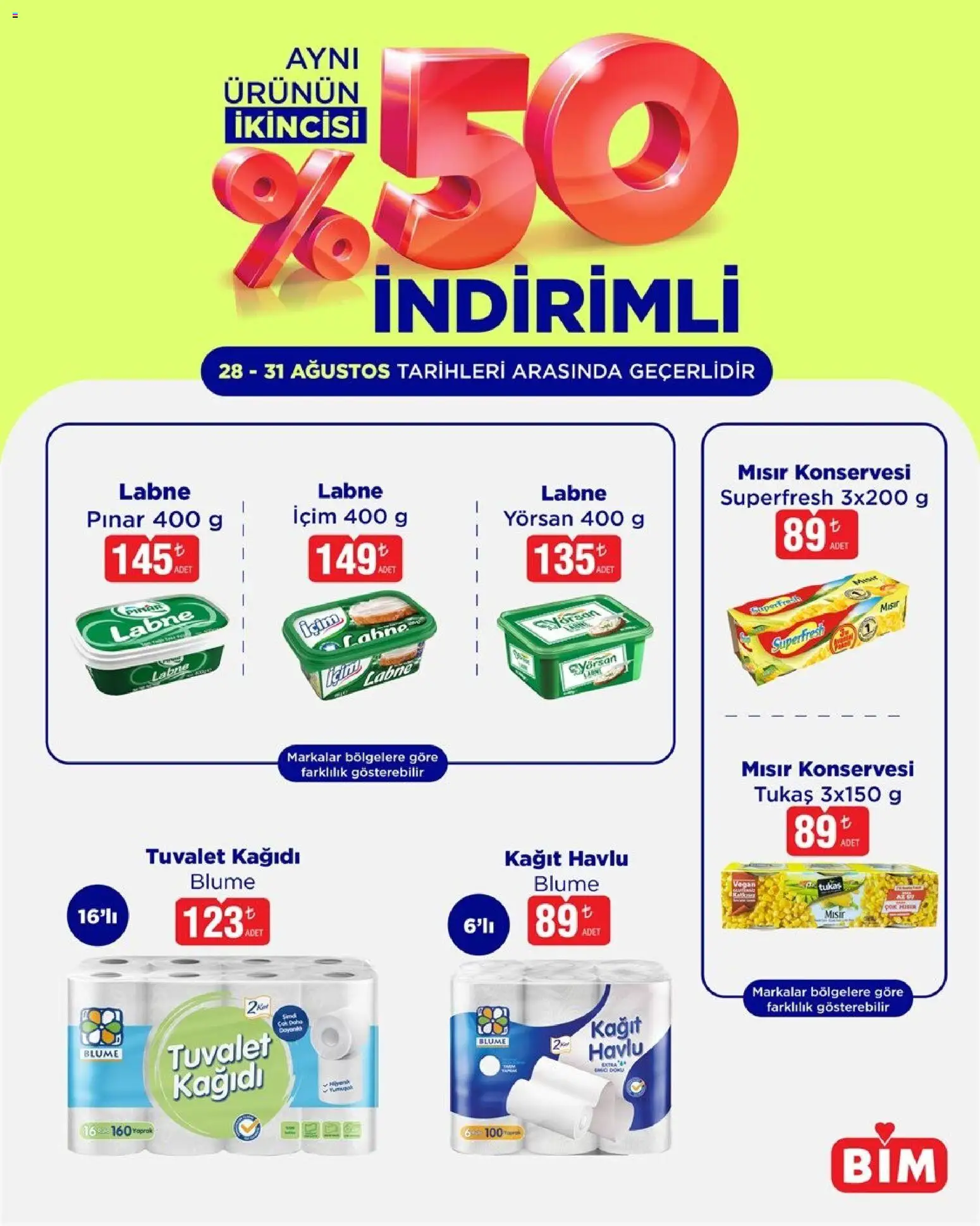 BİM - İndirim - 28 Ağustos 2026 tarihinden itibaren geçerlidir | Sayfa: 1 | Ürünler: Tuvalet, Kağıt havlu, Tuvalet kağıdı, Mısır